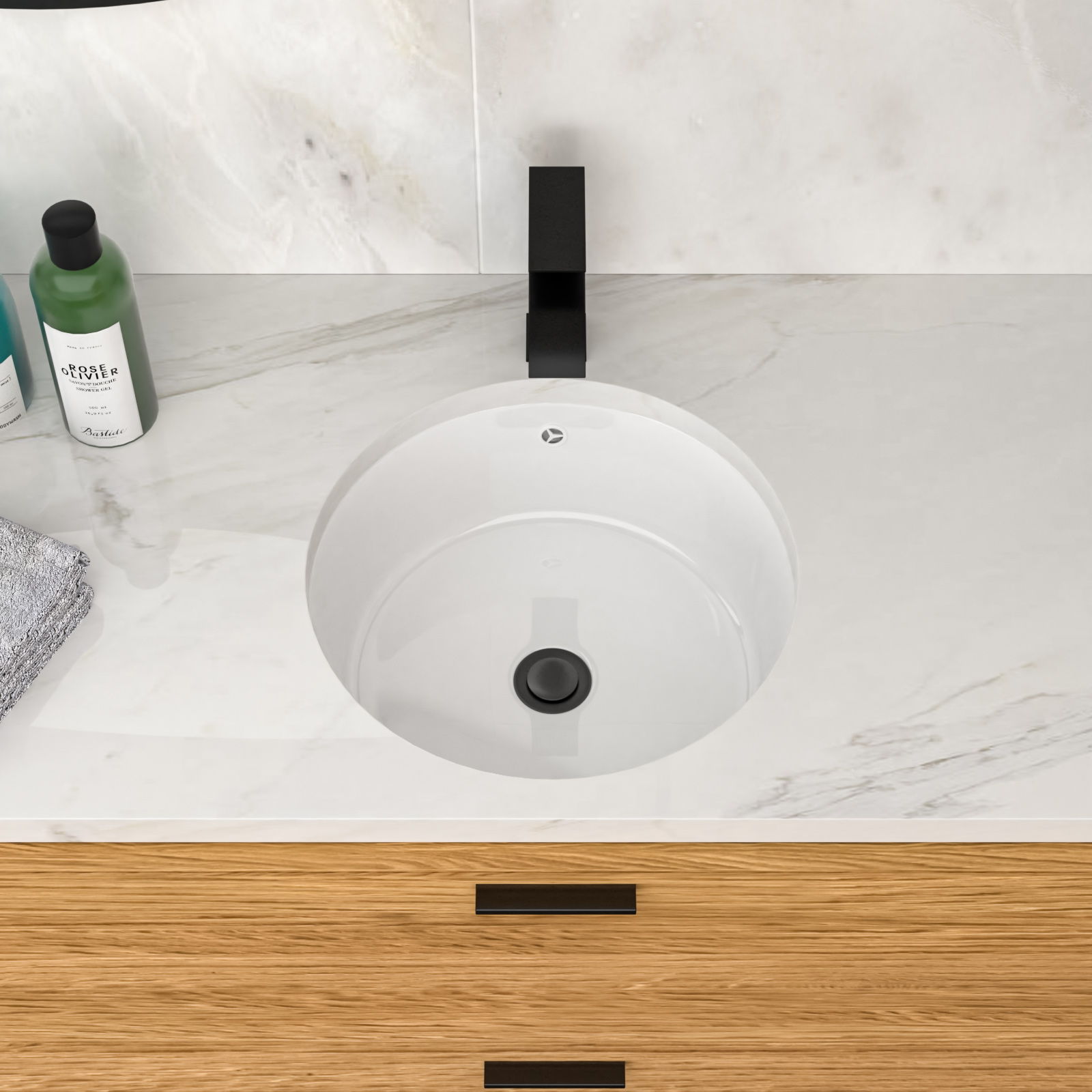 Ceramic Round Undermount Bathroom Sink With Overflow, European Style - White