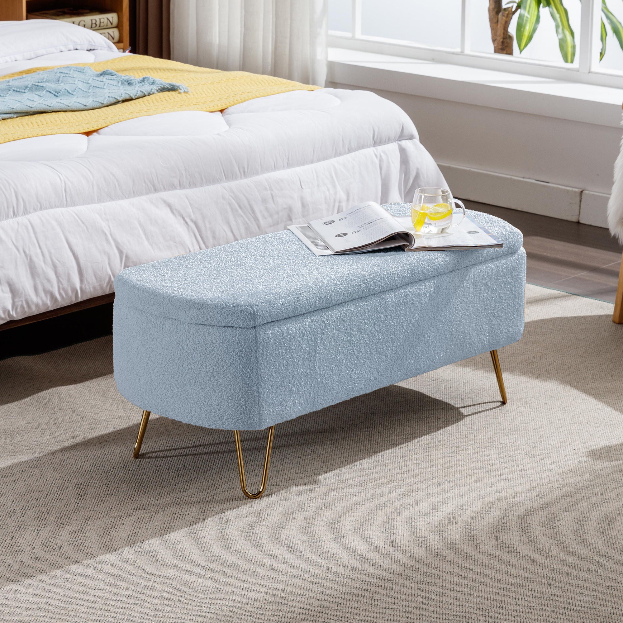 Storage Ottoman Bench For End Of Bed Legs, Modern Camel Faux Fur Entryway Bench Upholstered Padded With Storage For Living Room Bedroom