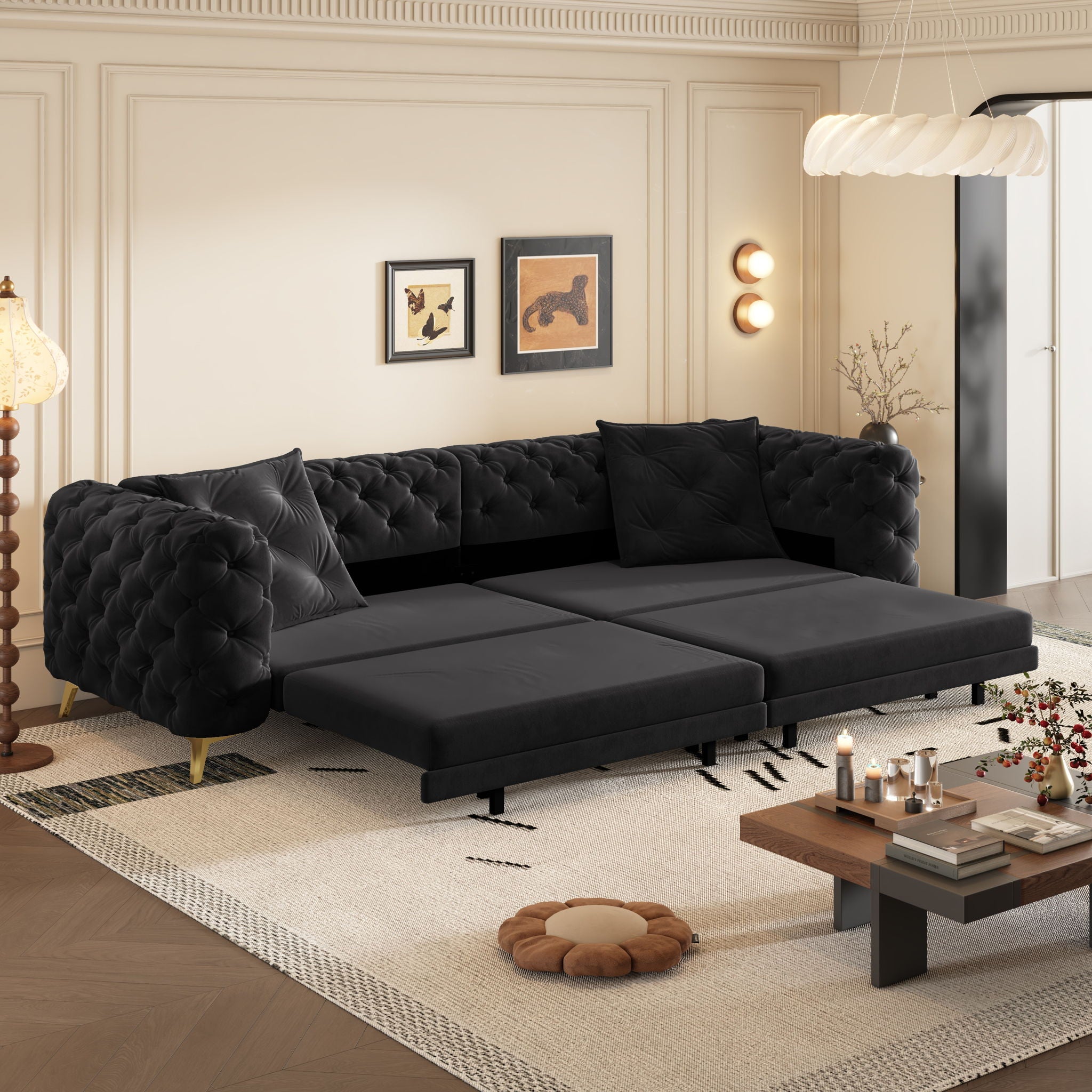 3 In 1 Convertible Sleeper, Deep Seat Pull Out Sofa Bed, Button Tufted