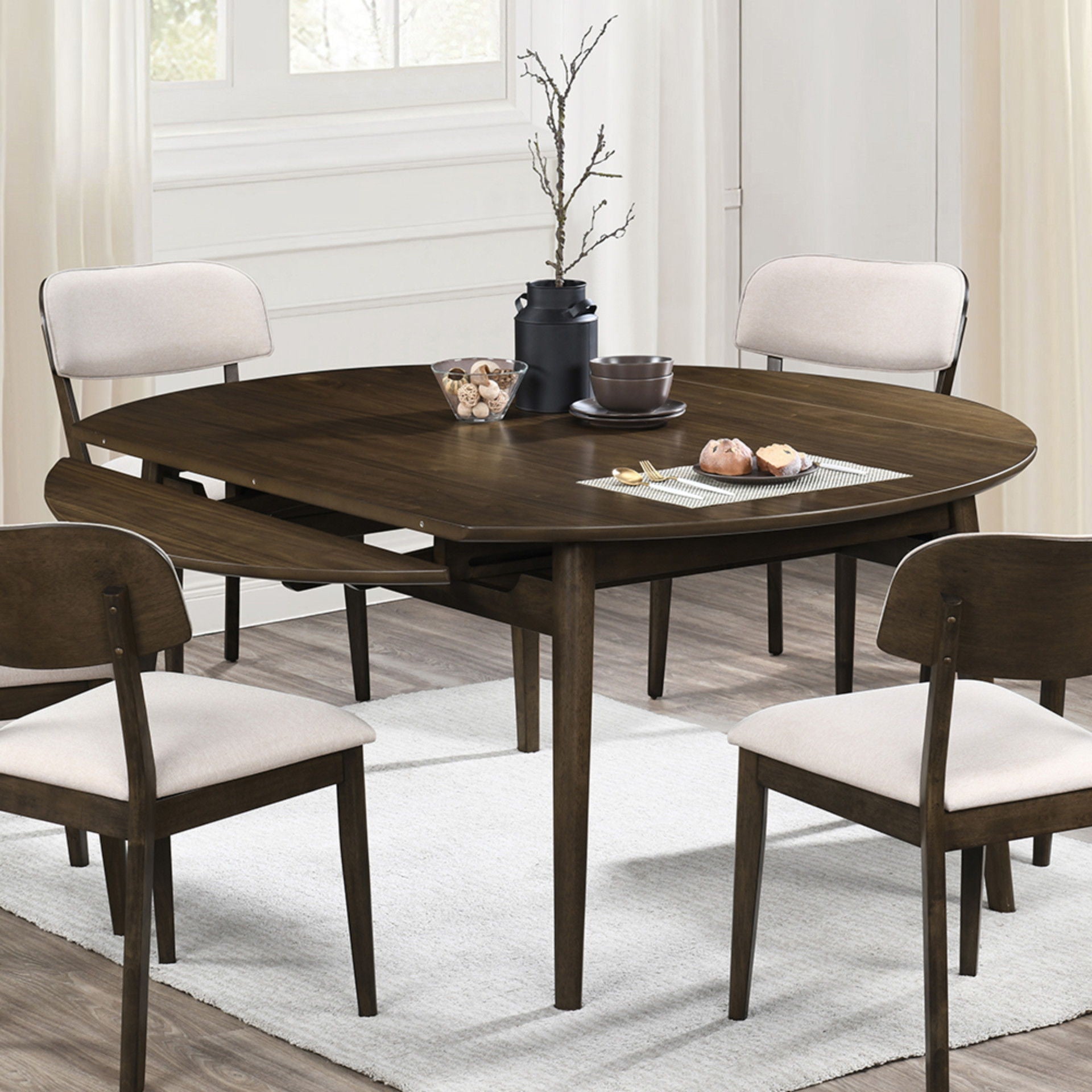 Rex - 65" Round Table With Self Storing Leaves - Walnut
