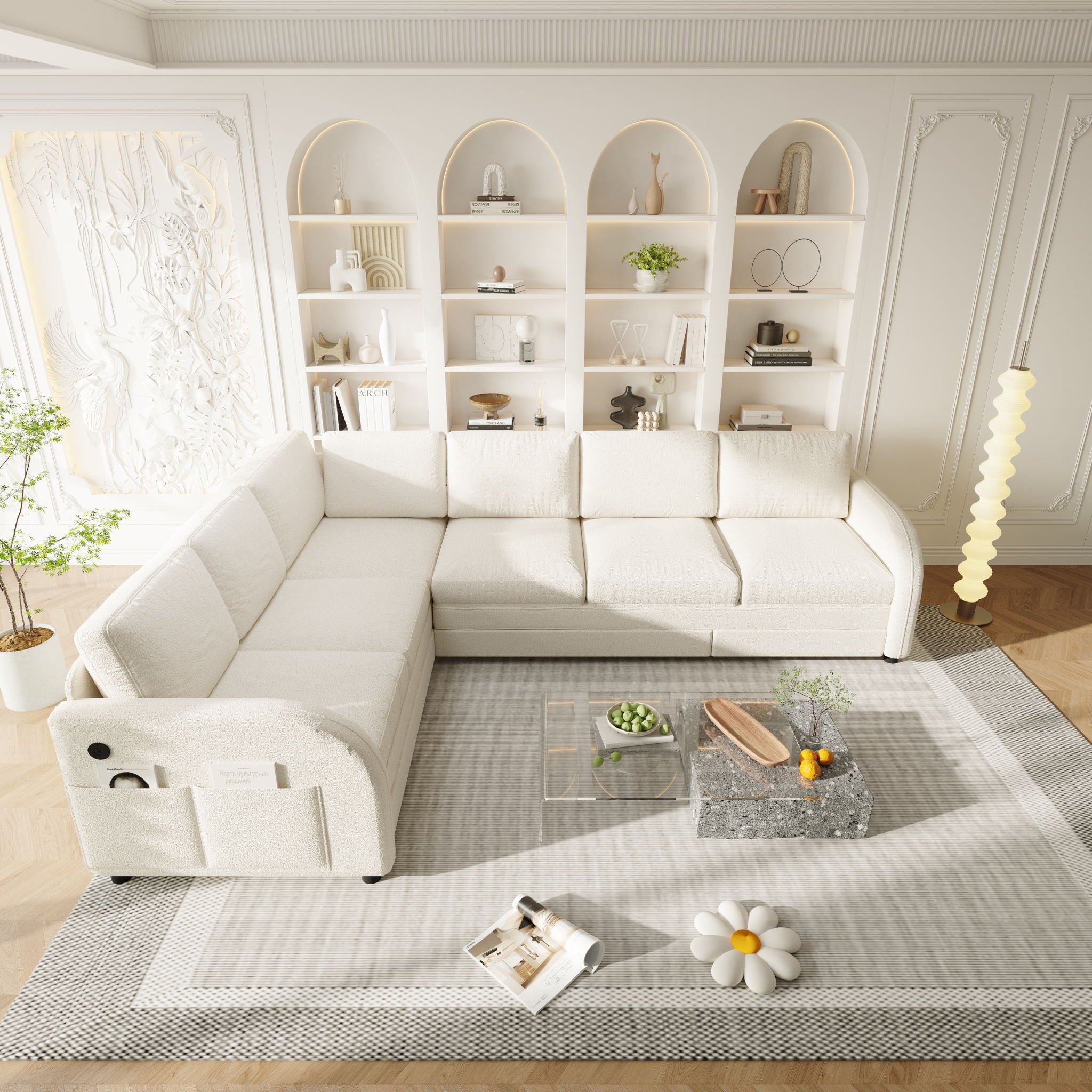 L-Shaped Couch With Pull-Out Bed, Convertible Sleeper Sofa With Side Pocket & USB Port