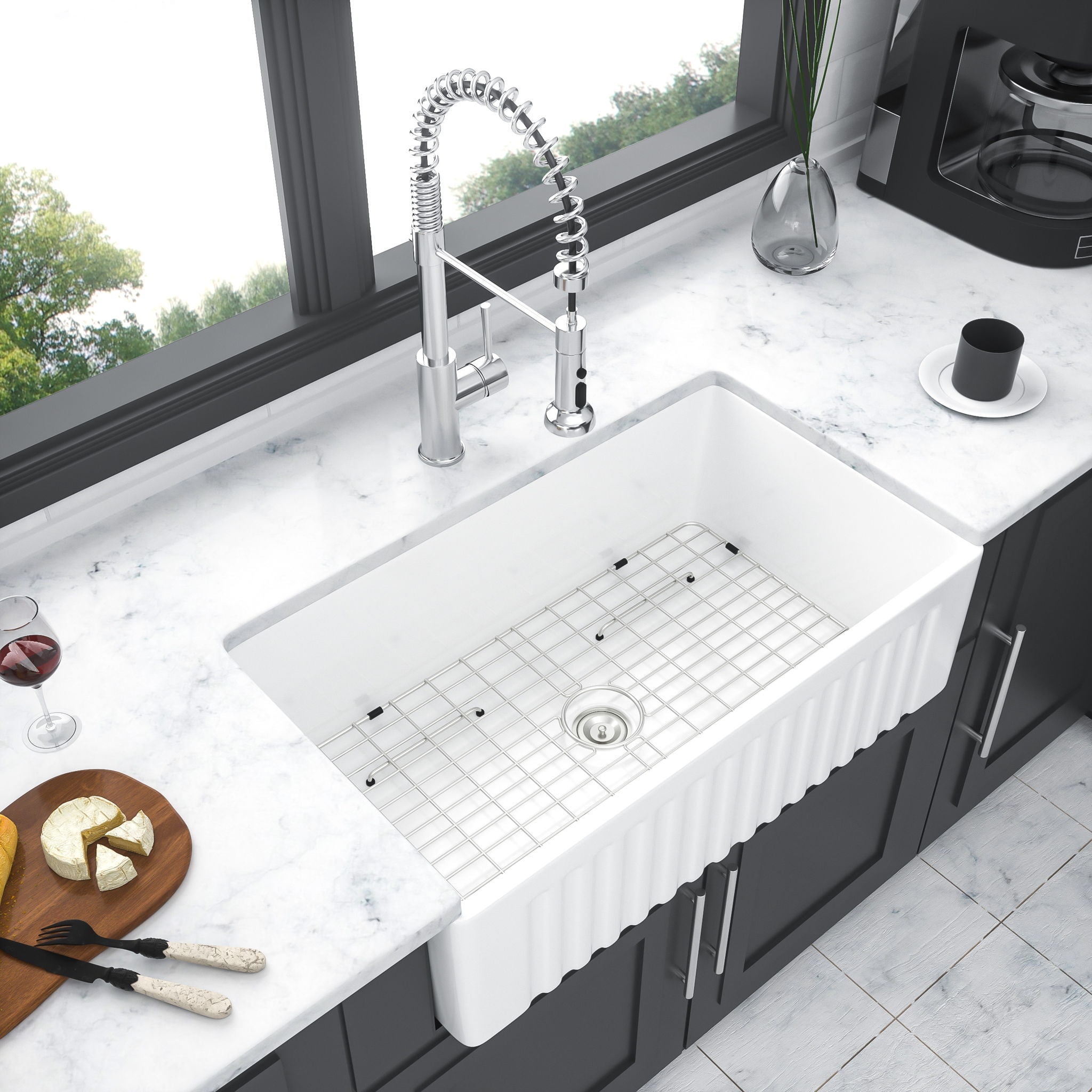 Elegant Farmhouse Apron Front Ceramic Single Bowl, Kitchen Basin