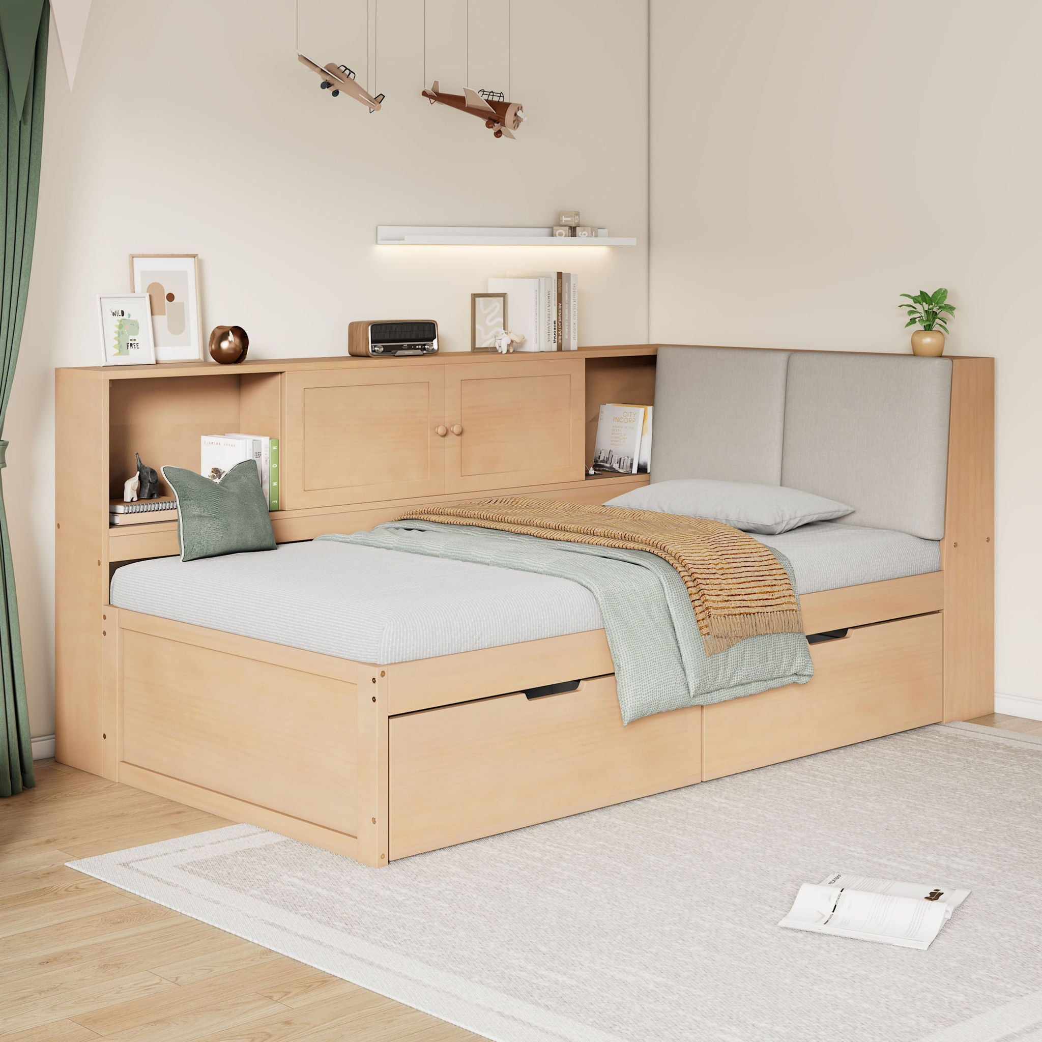 Twin L - Shaped Daybed With Storage Bookcase, Upholstered Headboard, USB Charging Ports & Hidden Drawers - Natural