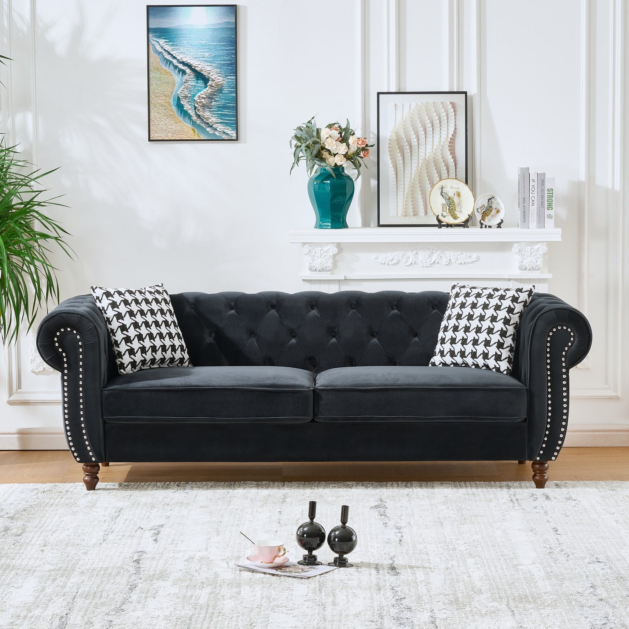 Chesterfield Upholstery Fabric Sofa With Roll Armrest & Nailhead, Mid Century Modern 3 And 3 Seater Couch