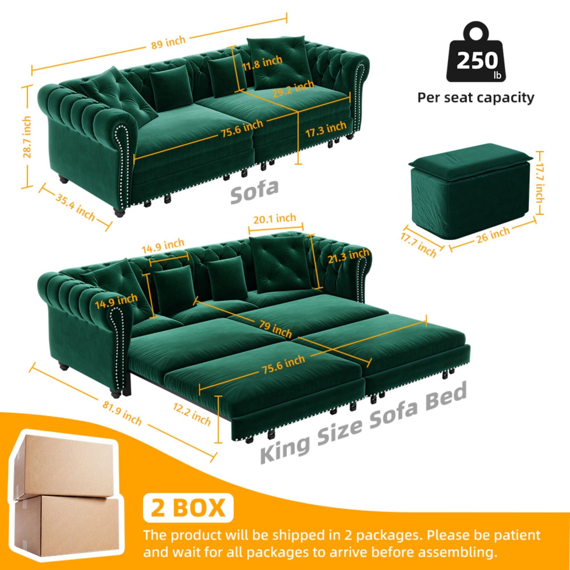 3 In 1 Convertible Sleeper Sofa Bed With Movable Ottoman