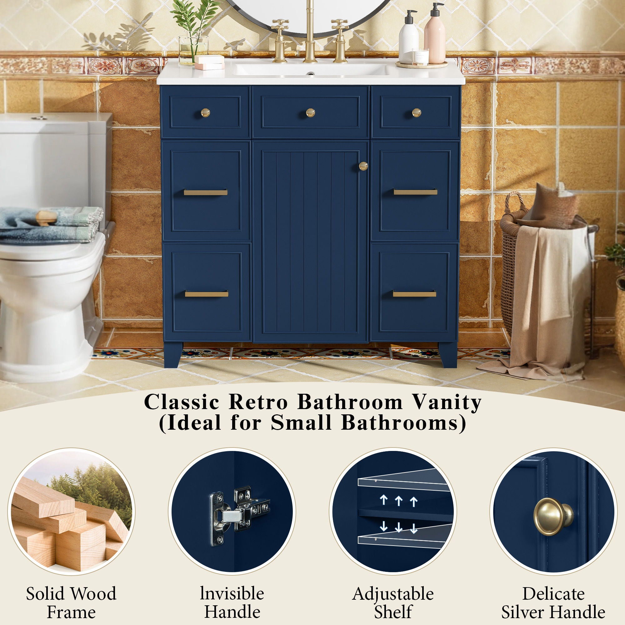 Bathroom Vanity With Ceramic Sink, Soft Close Doors, Adjustable Shelves