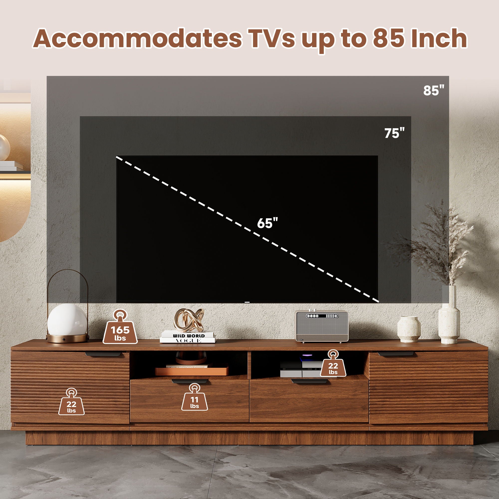 TV Stand, Entertainment Center With Deep Drawers, Cable Management & Soft Closing Hinges