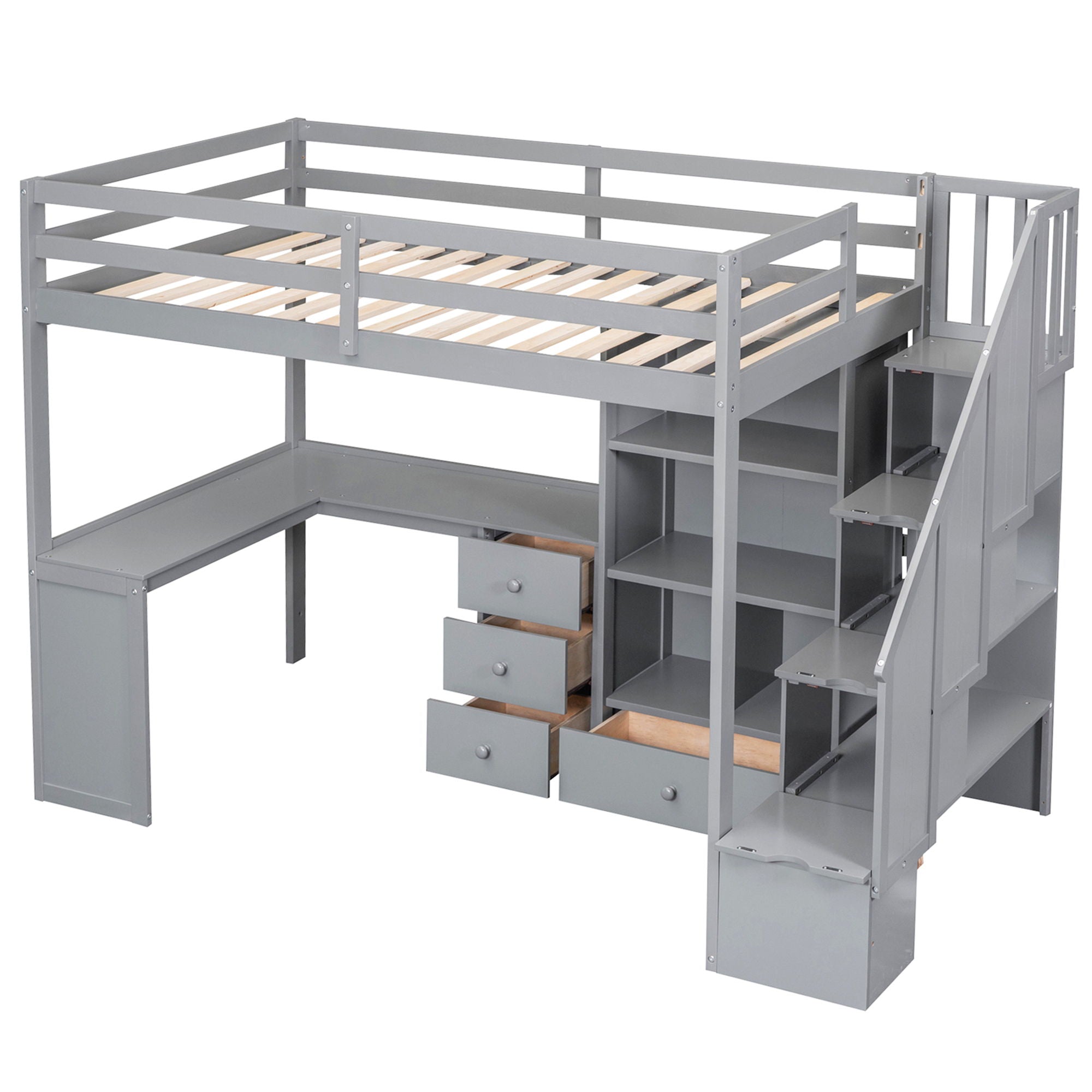 Loft Bed With L Shaped Desk, Drawers, Cabinet, And Storage Staircase