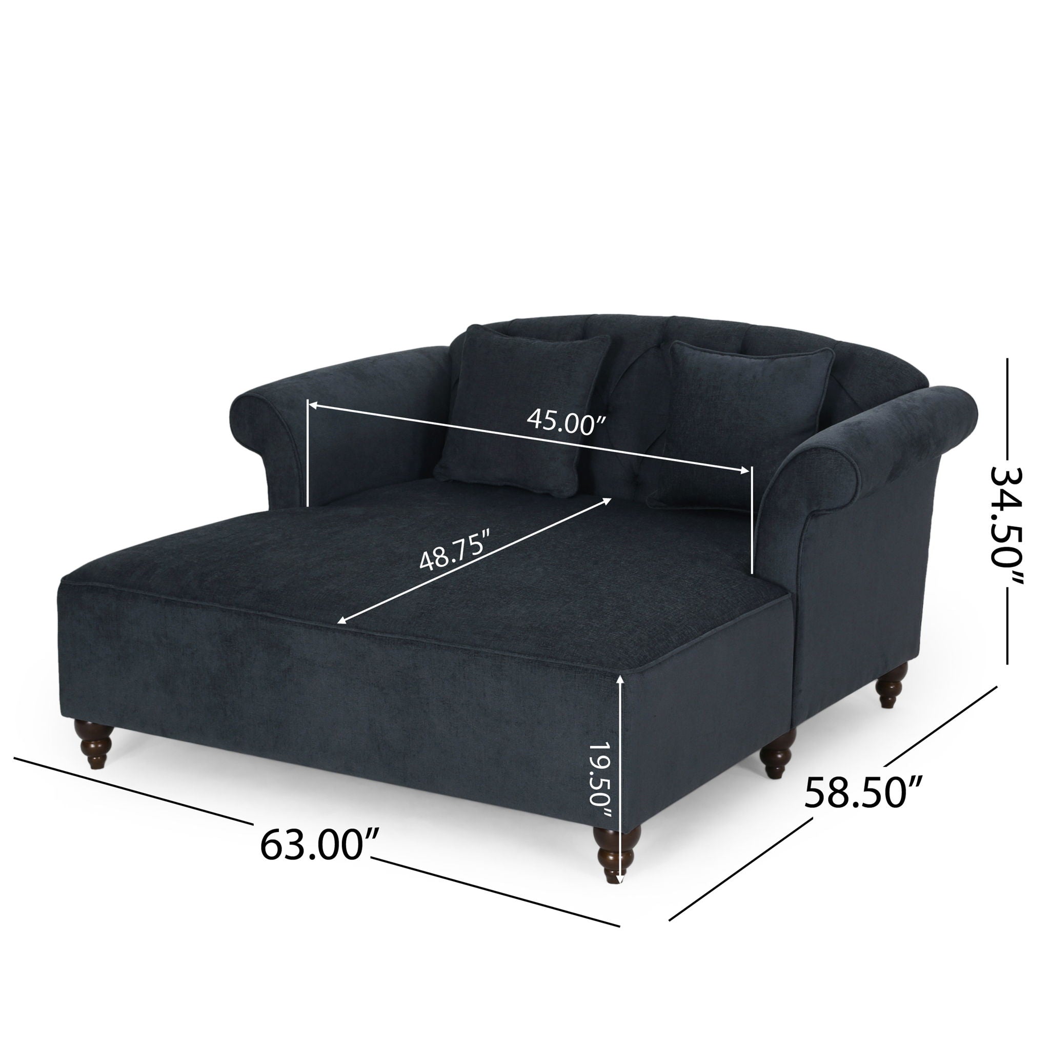 Upholstered Chaise Lounge With Scroll Arms, Turned Legs And 2 Pillows
