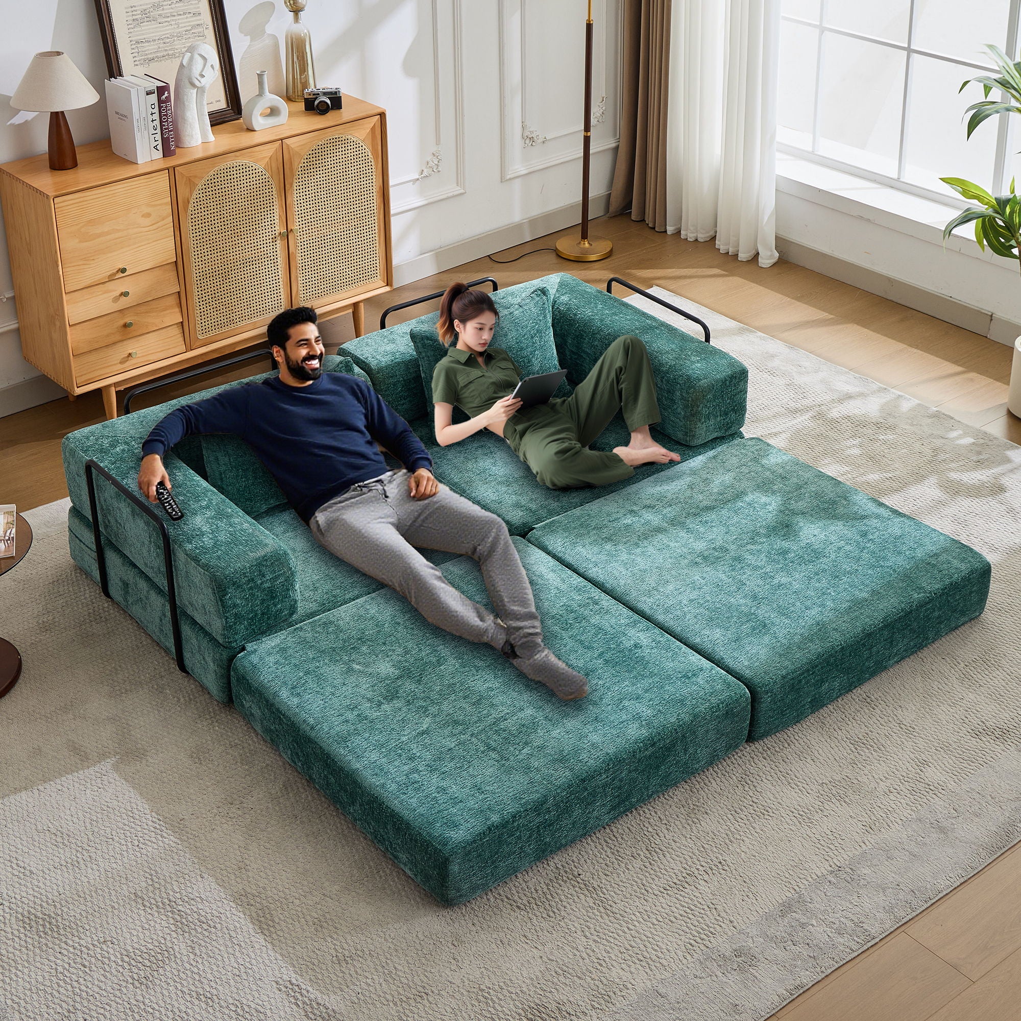 Convertible Floor Sofa Bed With Pillow Back Support Armrest