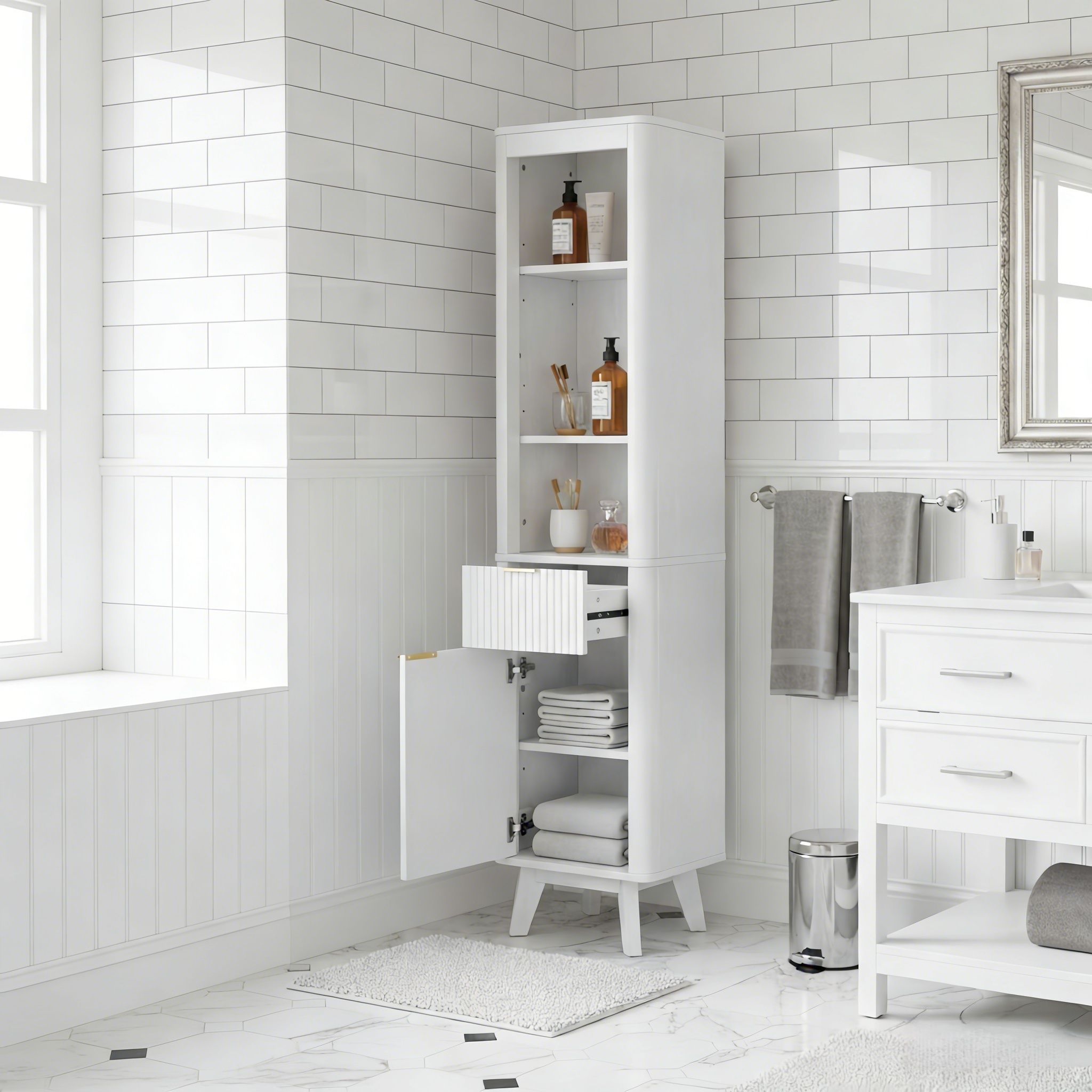 Tall Bathroom Storage Cabinet With Adjustable Shelves And 1 Drawer & Door
