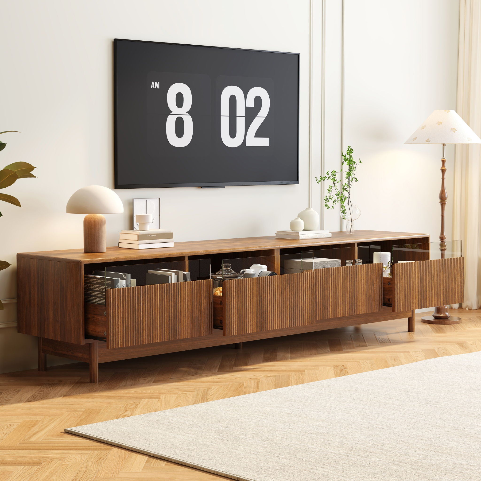 TV Stand, Entertainment Center With Fluted Drawers For Living Room - Walnut