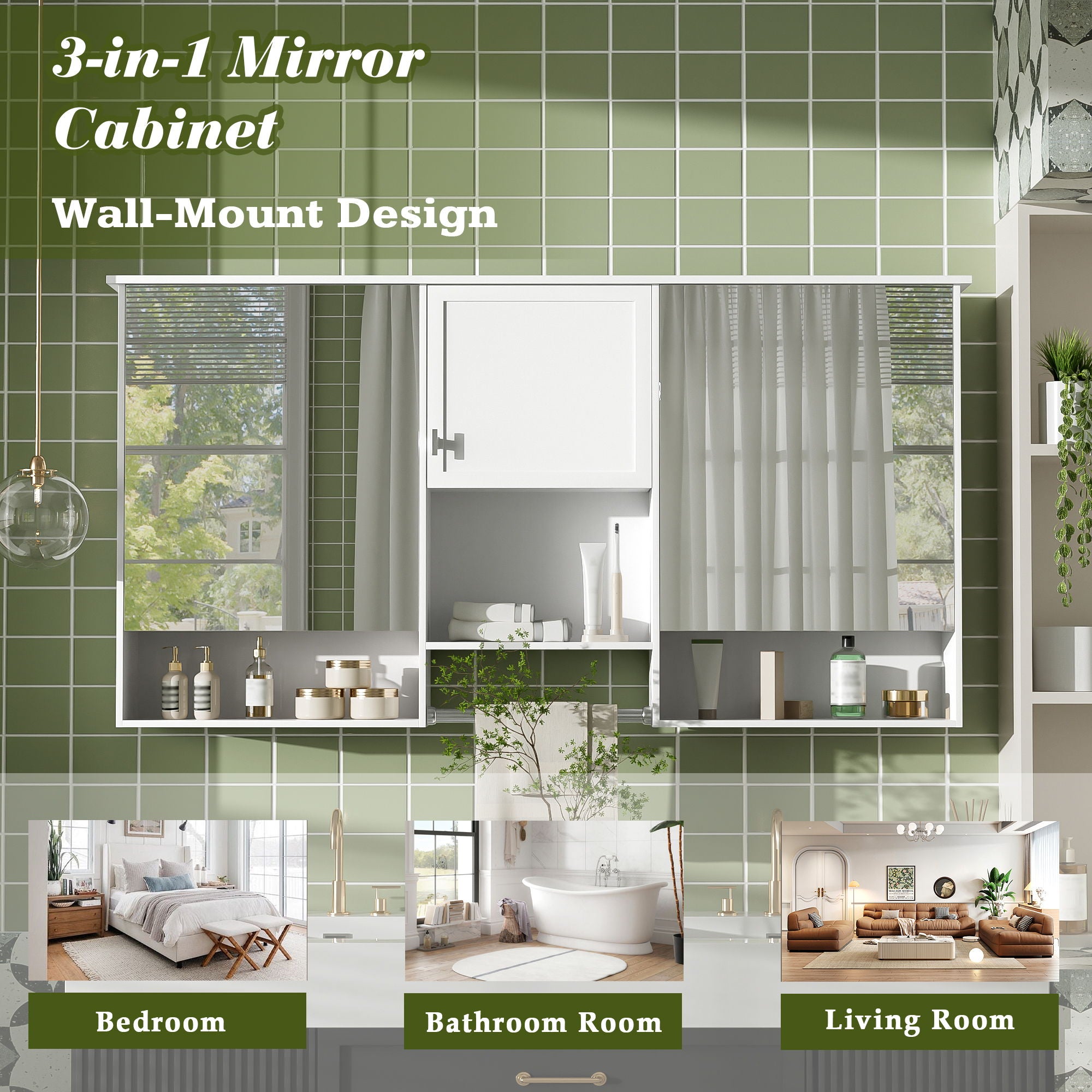 Wall-Mount 3-In-1 Mirror Cabinet With Adjustable Shelf, Soft-Closing Hinges, Rectangular Design - White