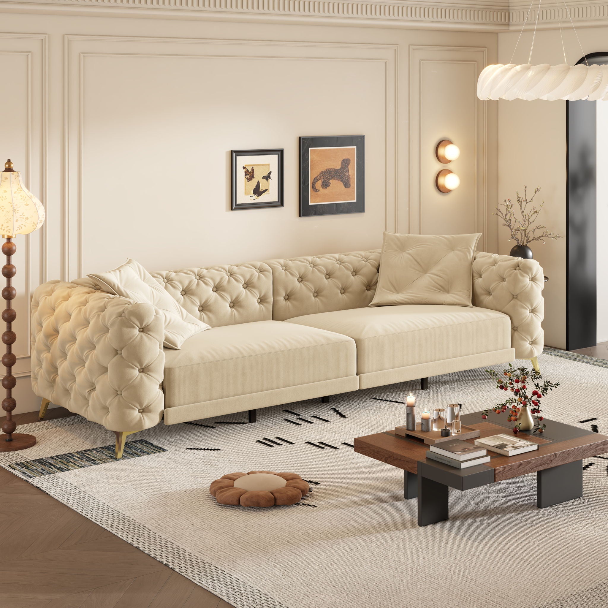 3 In 1 Convertible Sleeper Sofa, Pull Out Bed, Button Tufted, 4 Seater Couch With Movable Ottoman For Apartment - Apricot