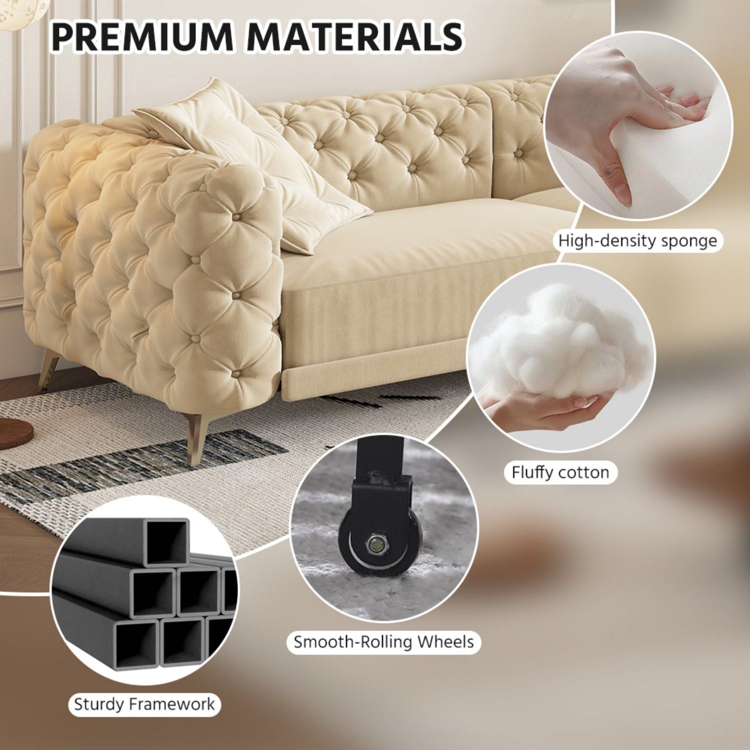 3 In 1 Convertible Sleeper Sofa, Pull Out Bed, Button Tufted, 4 Seater Couch With Movable Ottoman For Apartment - Apricot