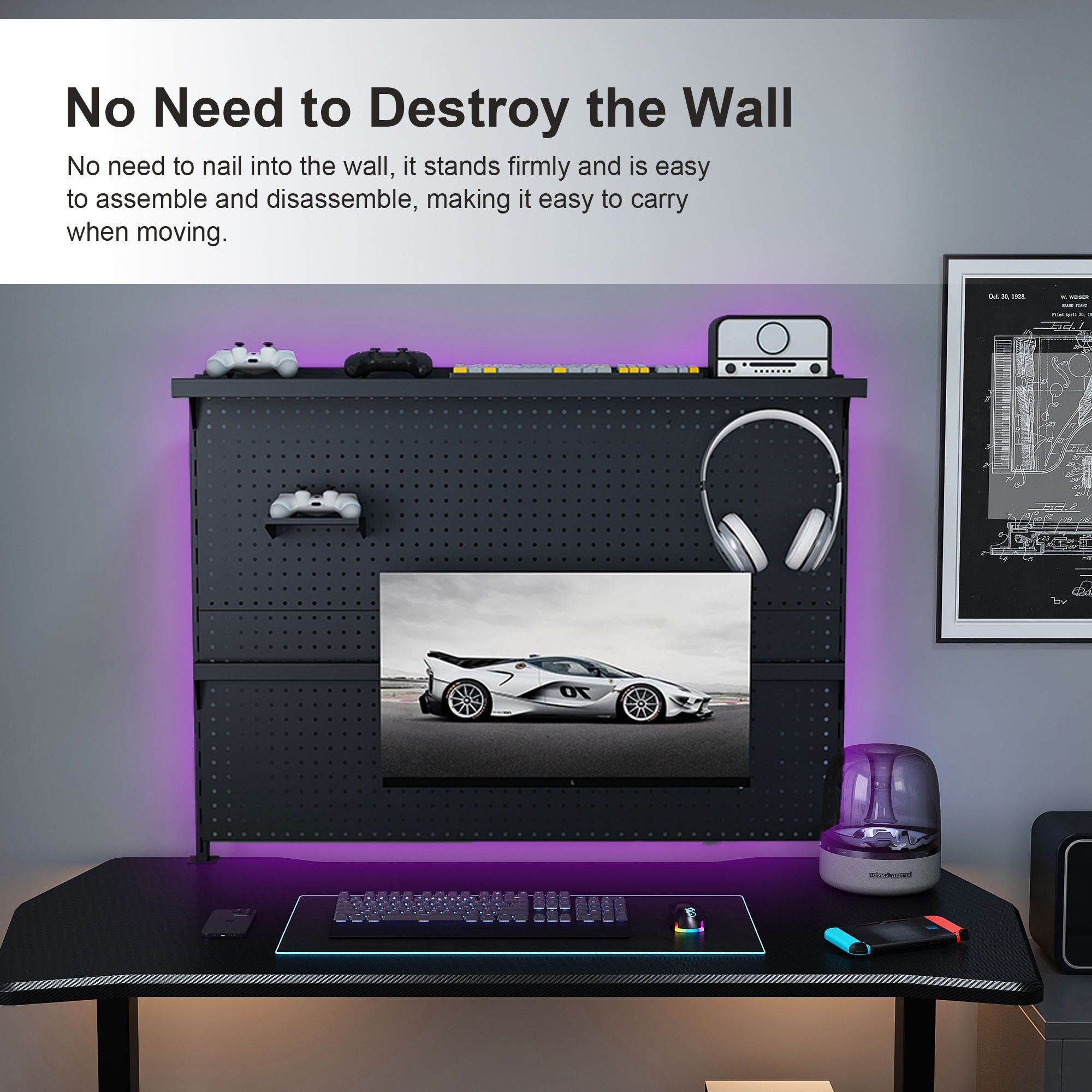 Clamp On Desk Pegboard With Single Monitor Stand