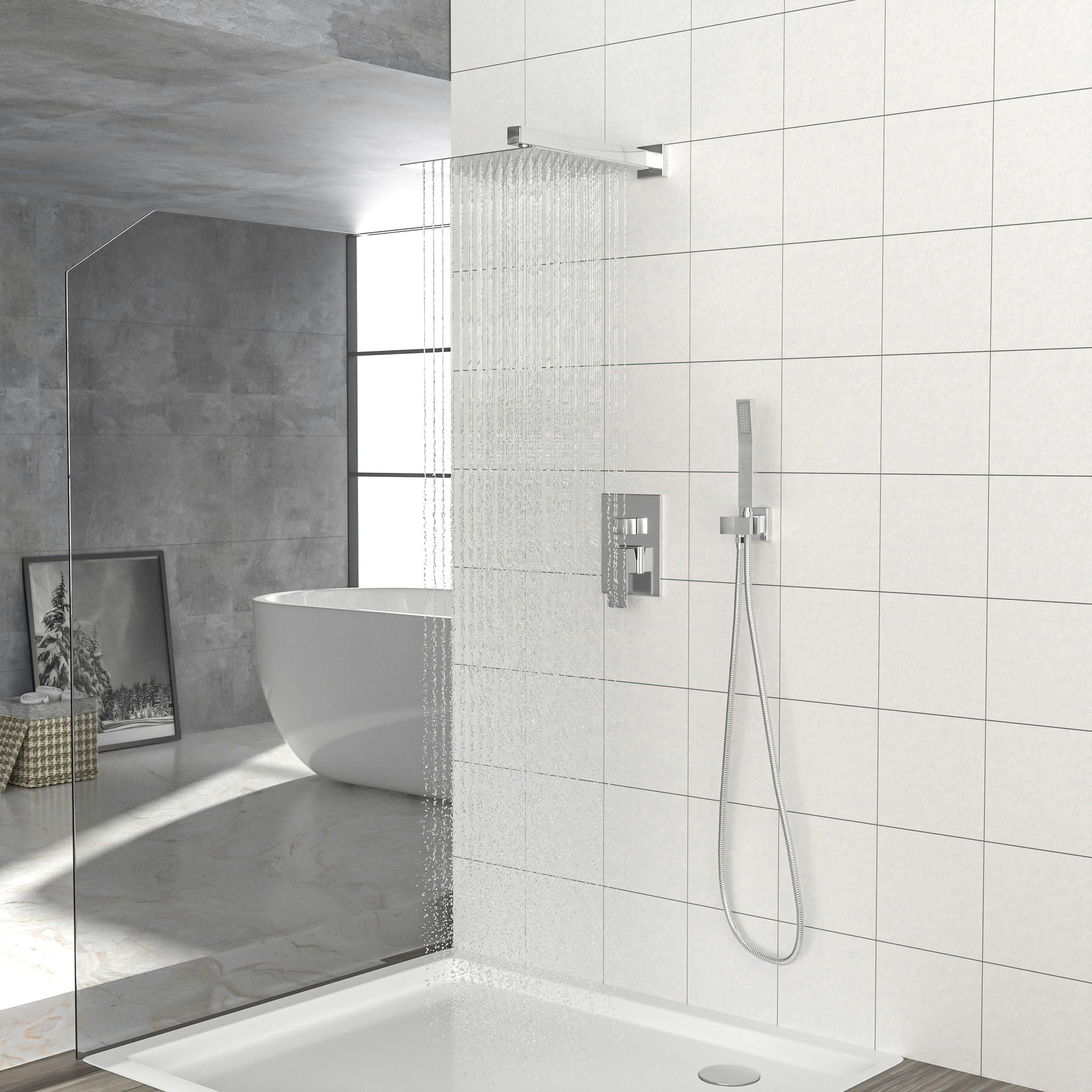 10" Square Dual Shower Head System Wall Mounted With Rough In Valve Modern Bathroom Fixture