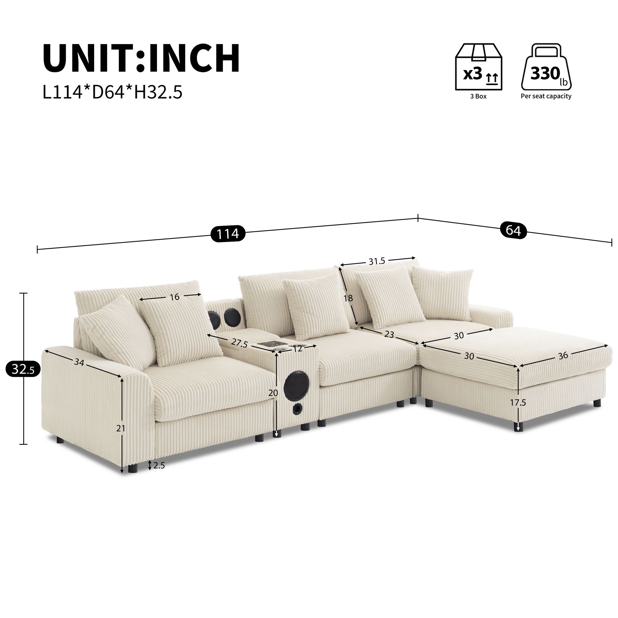 Sectional With tooth Speakers L Shaped Couch With Console USB Charger, Cup Holders Storage Ottoman Deep And Wide Seat Cloud Sofa