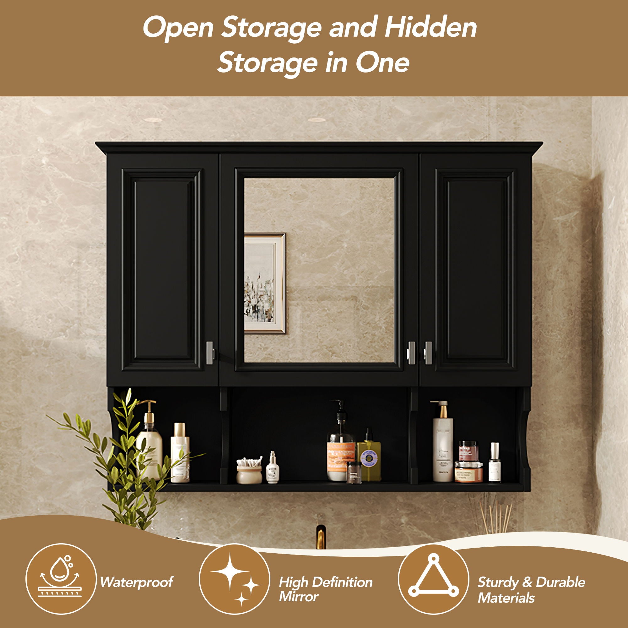 Wall Mounted Bathroom Medicine Wall Cabinet With Mirror & Open Shelves