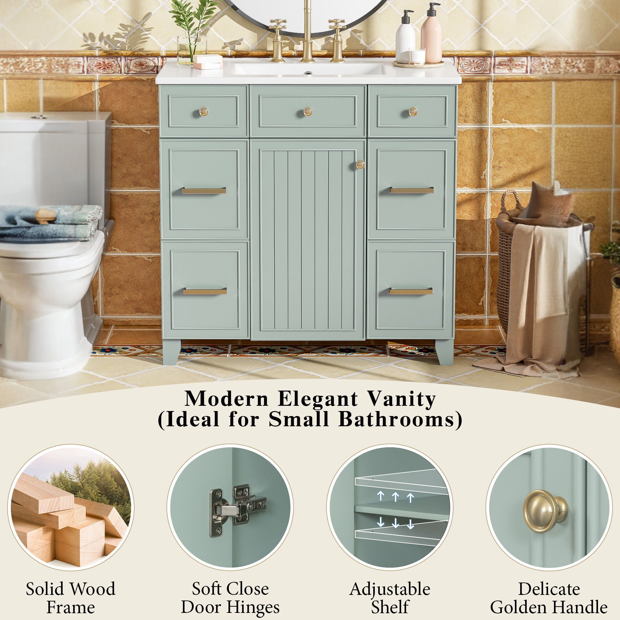 Bathroom Vanity With Ceramic Sink, Soft Close Doors, Adjustable Shelves