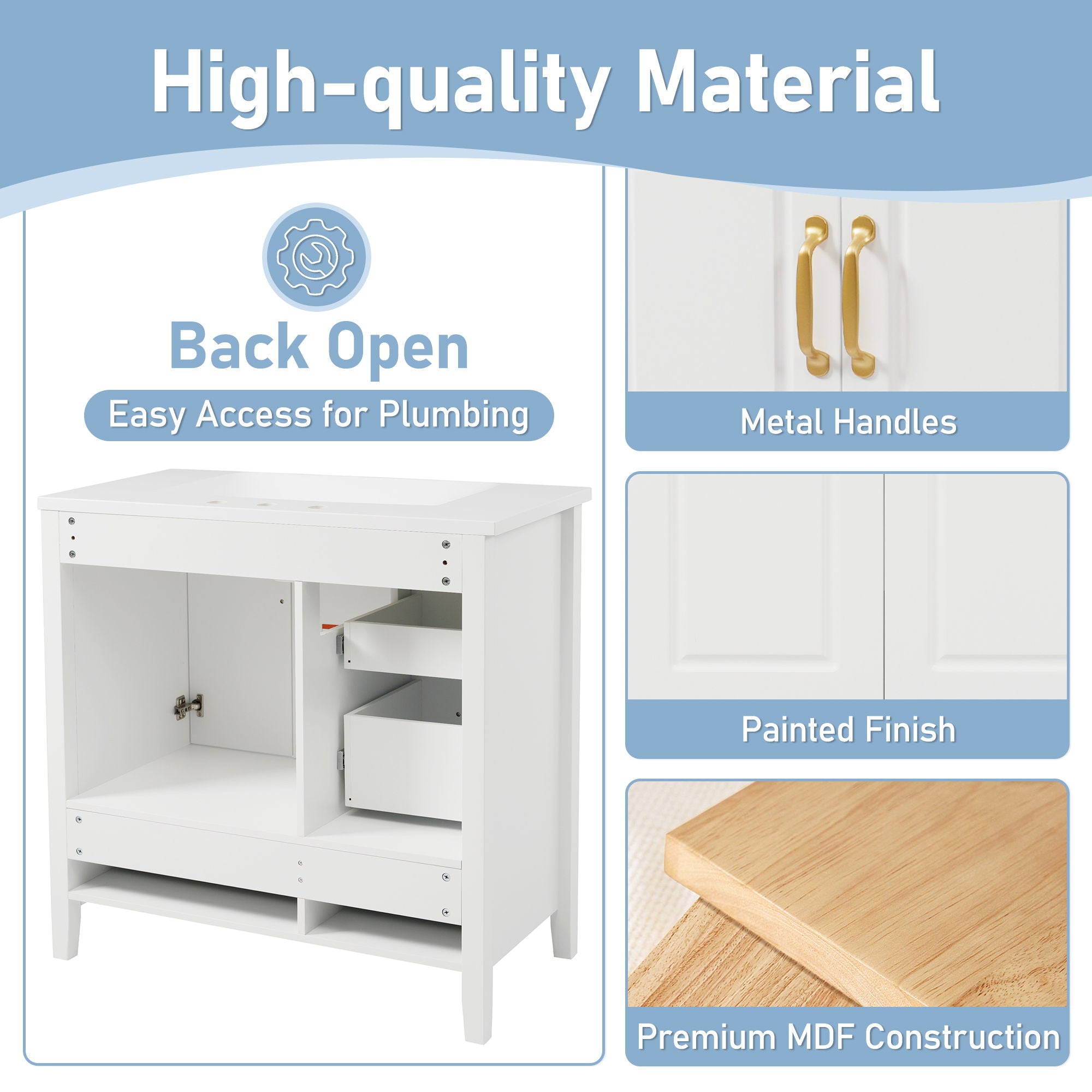 Bathroom Vanity With Sink, Soft Closing Doors & Drawers, Metal Handles