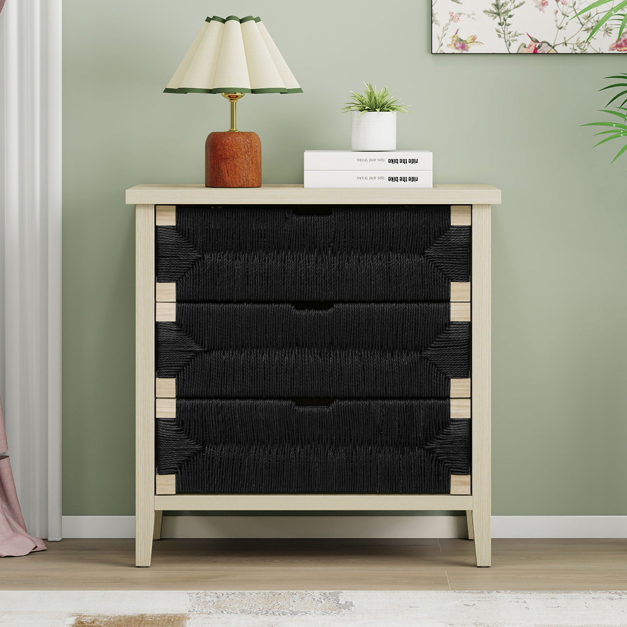 3 Drawer Buffet Sideboard With Adjustable Shelves, Storage Cabinet With Natural Seaweed Decor Doors For Living Room Kitchen Entryway - Natural