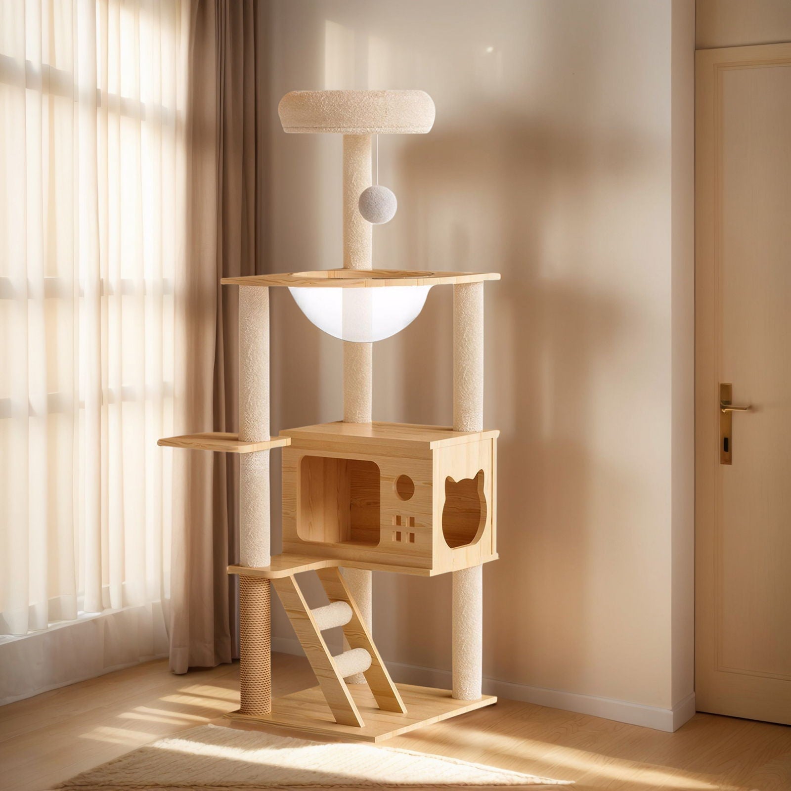 Modern Cat Tower, Wood Cat Tree Tower For Indoor Cats, Cat Tree With Sisal Covered Scratching Posts And Top Perch - Natural / White
