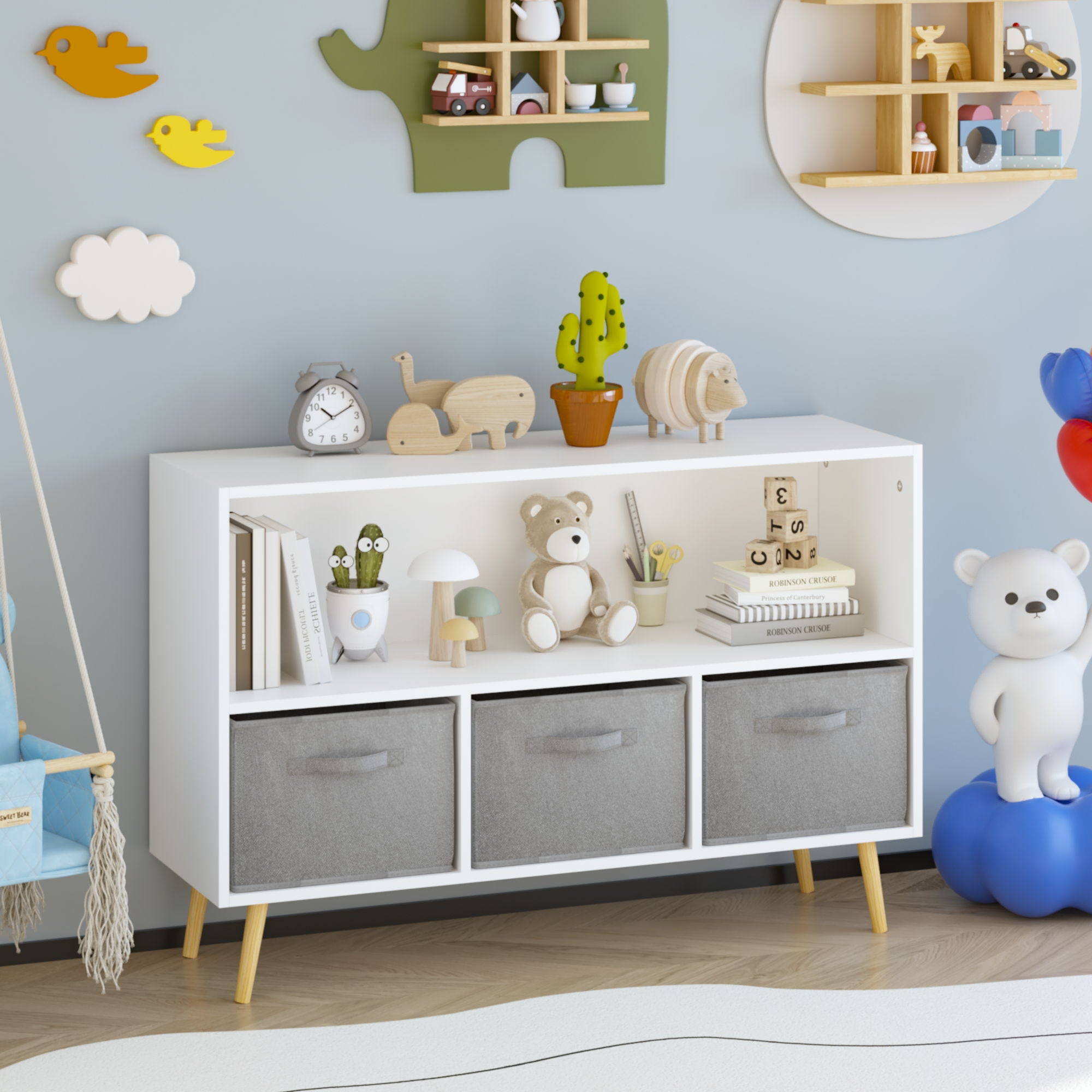 Bookcase With Collapsible Drawers, Book Display Organizer