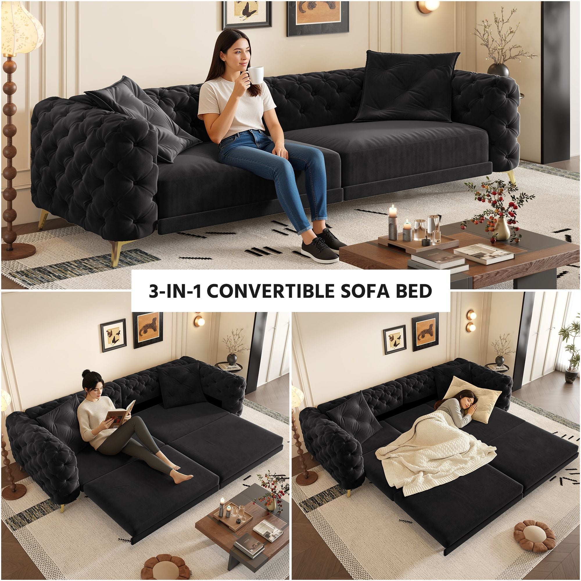 3 In 1 Convertible Sleeper, Deep Seat Pull Out Sofa Bed, Button Tufted