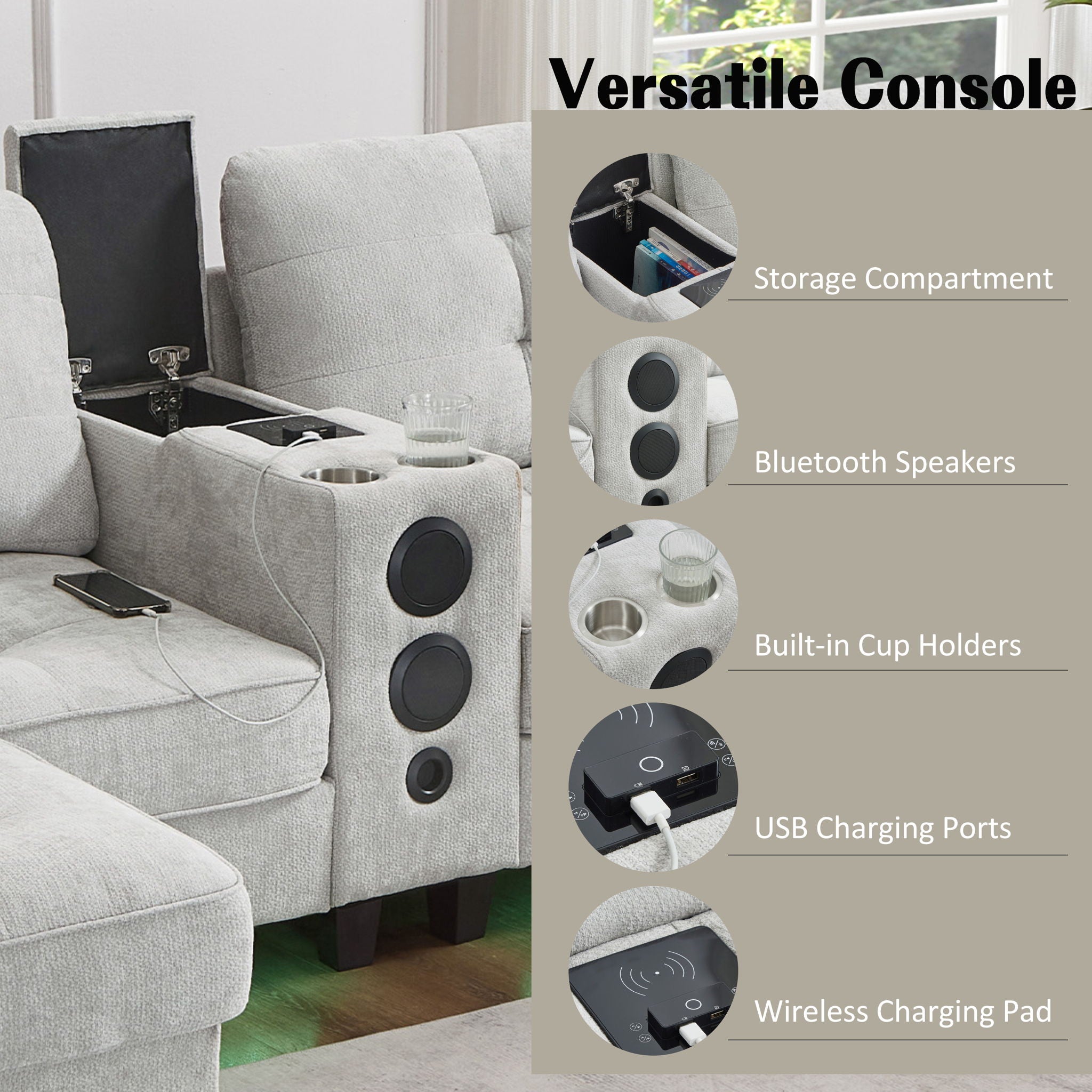 Modern Sectional Sofa U-Shaped With Movable Ottomans, tooth Speakers, LED Lights And Modular Storage