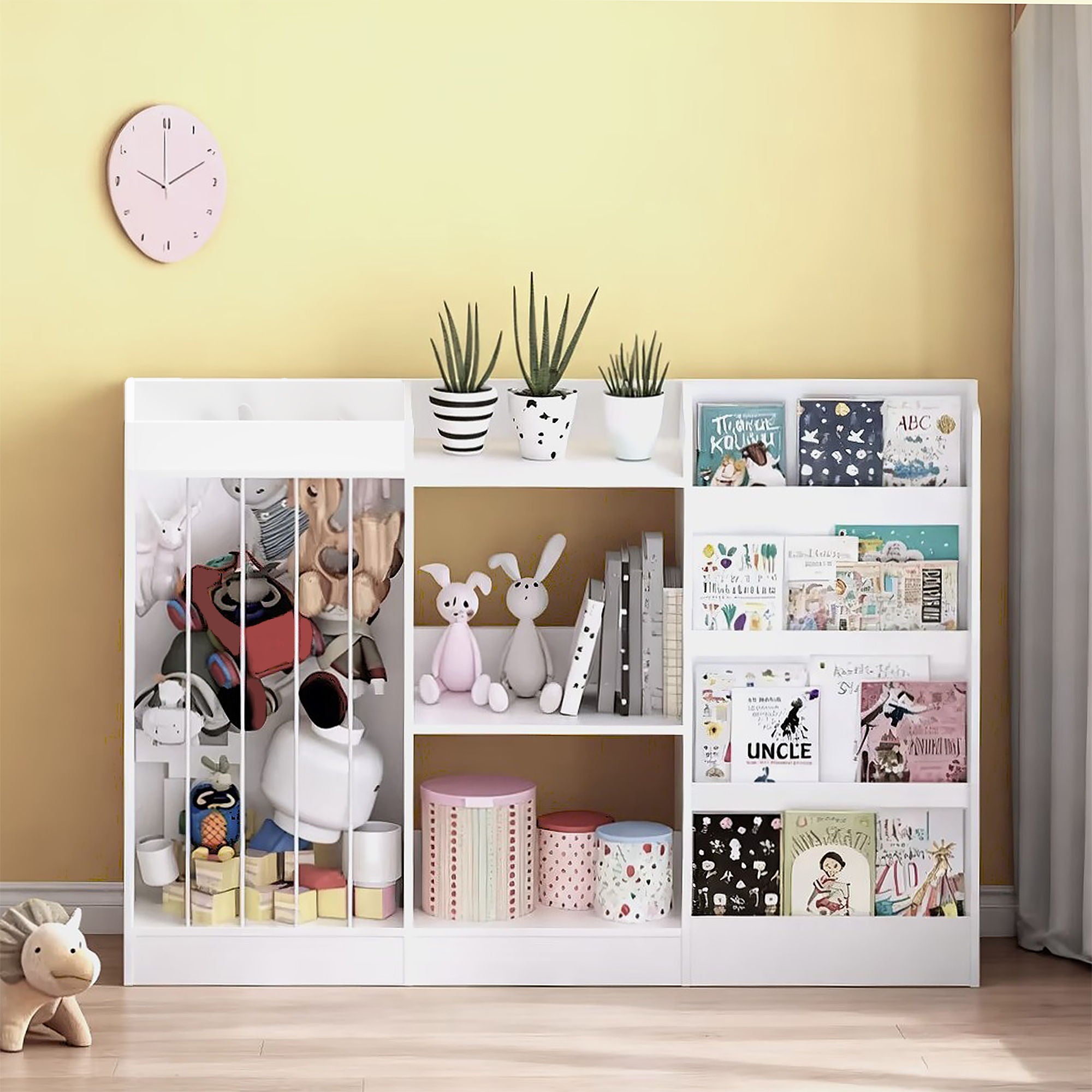 Bookshelf And Toy Storage, 3 Tier Montessori Bookcase With Stuffed Animal Organizer - White