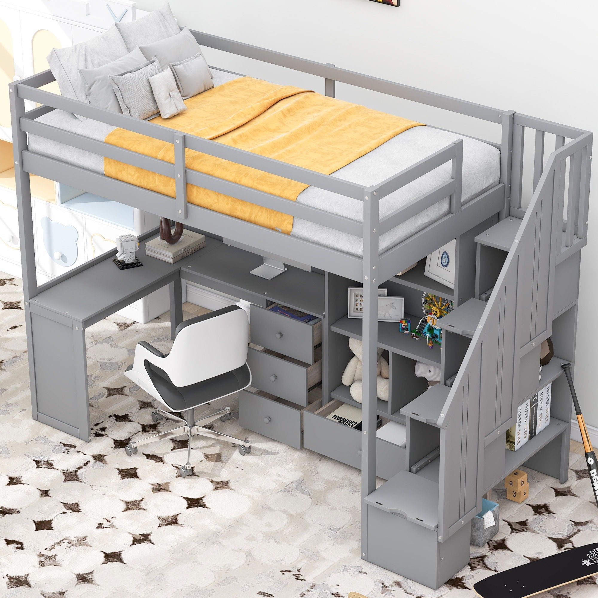 Loft Bed With L Shaped Desk, Drawers, Cabinet, And Storage Staircase