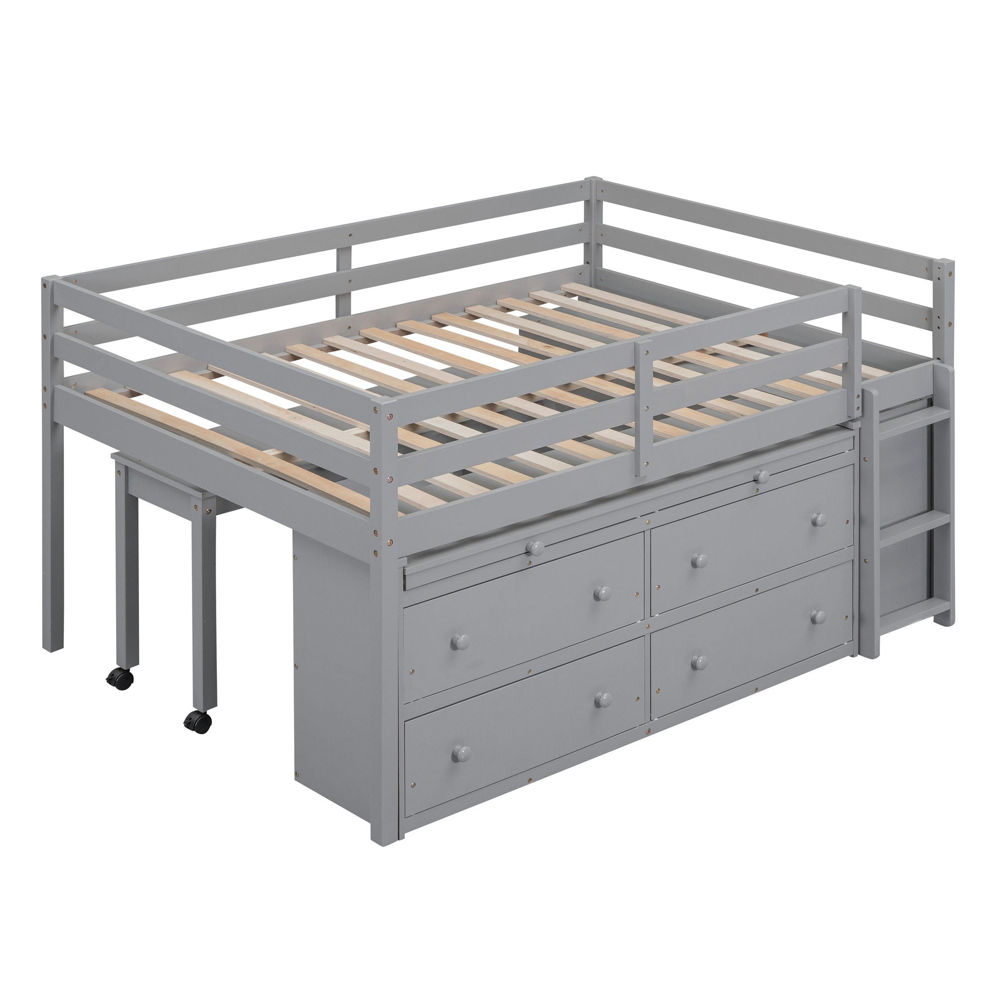 Loft Bed With Retractable Writing Desk And 4 Drawers, With Lateral Portable Desk And Shelves