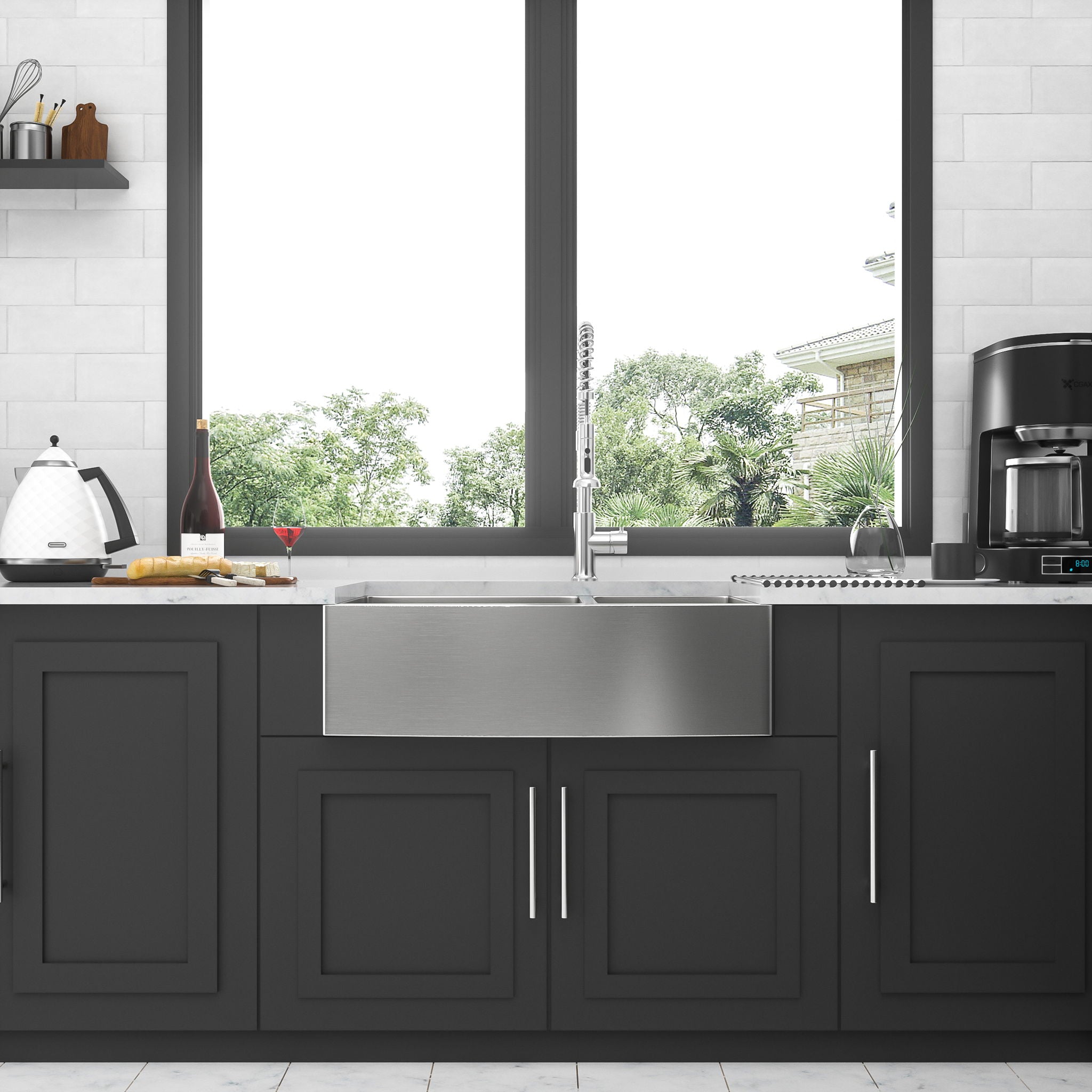 Double Bowl Sink 60 / 40 Split Apron Front Kitchen Sink In 16 Gauge With 2 10" Deep Basins 33" X21" X10" - Brushed Nickel