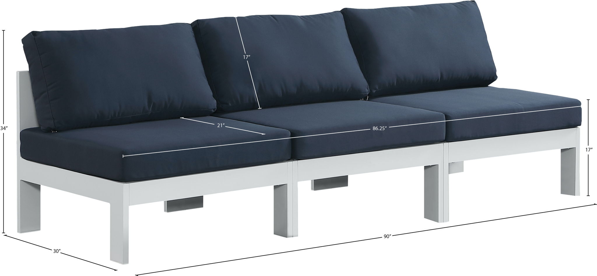Nizuc - Outdoor Patio 3 Seat Armless Modular Sofa With White Frame