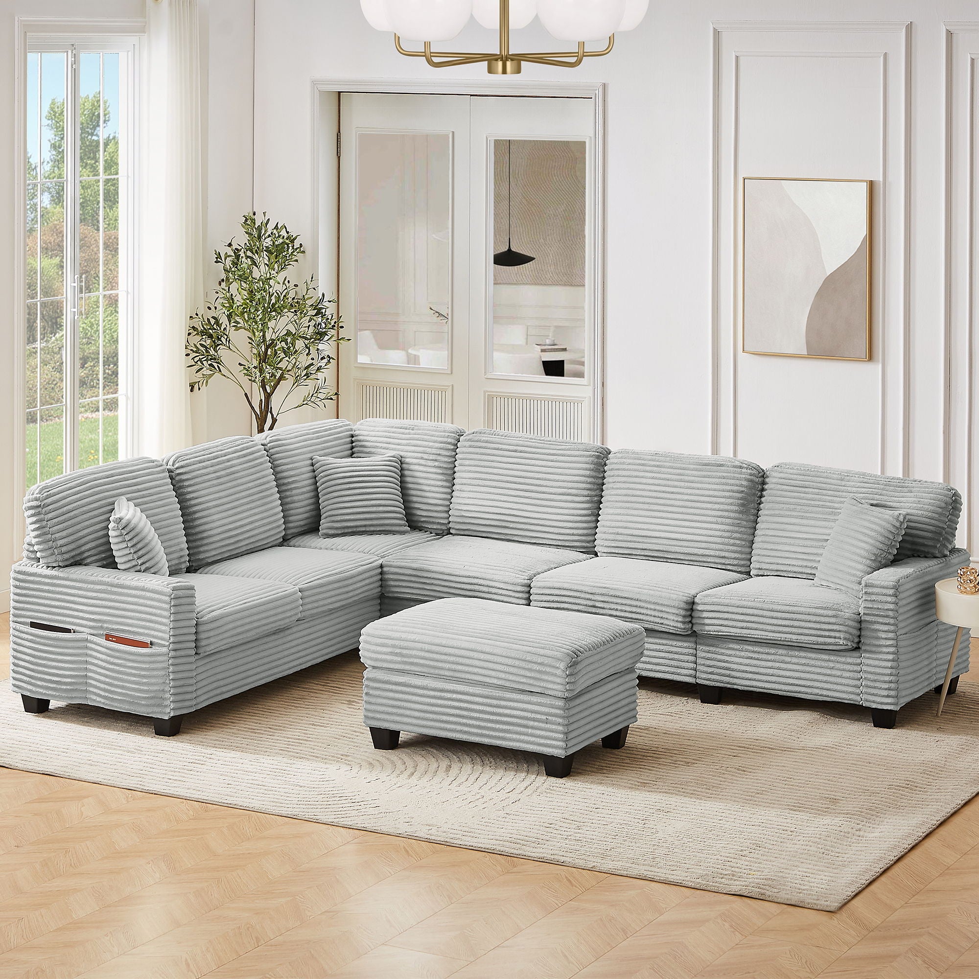 Upholstered U-Shaped Sectional Sofa With Movable Ottoman And Side Storage Pockets
