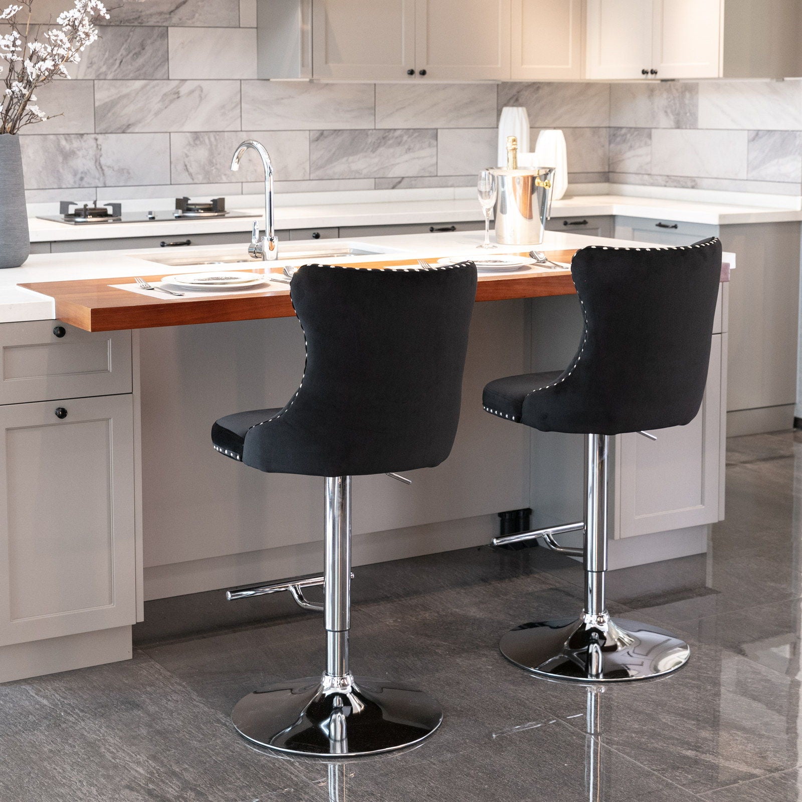 Swivel Barstools Adjusatble Seat Height From 25-33", Modern Upholstered Base Bar Stools With Backs Comfortable Tufted For Home Pub And Kitchen Island (Set of 2)
