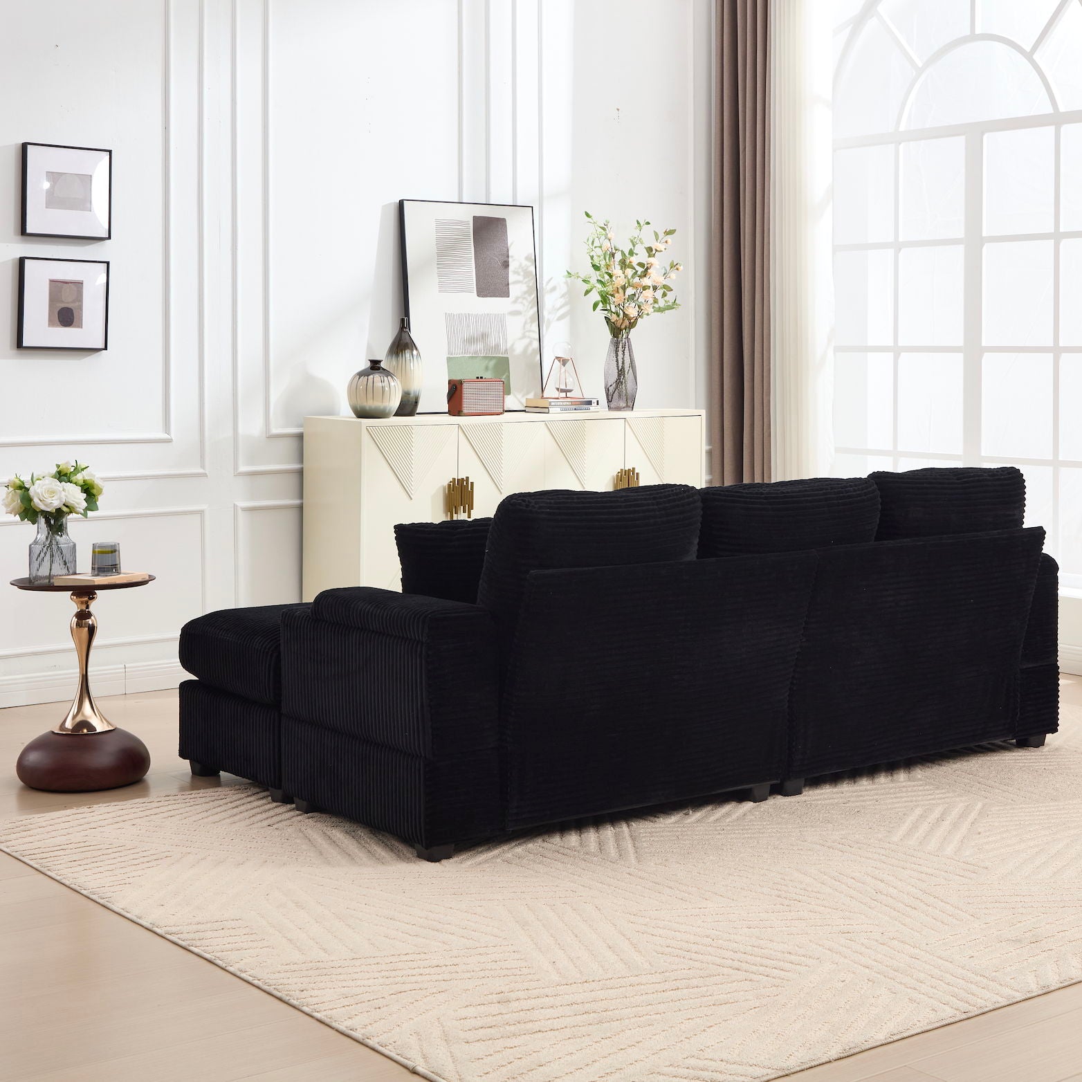 Convertible Sectional Sofa Bed Set With Armrest Storage, Cup Holder, USB - Black