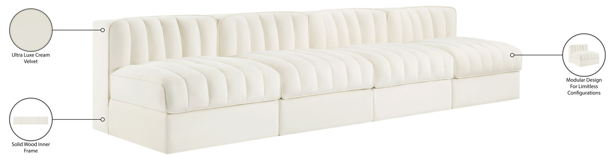 Rummi - Armless Velvet Performance Fabric Upholstered 4 Piece Modular Sofa