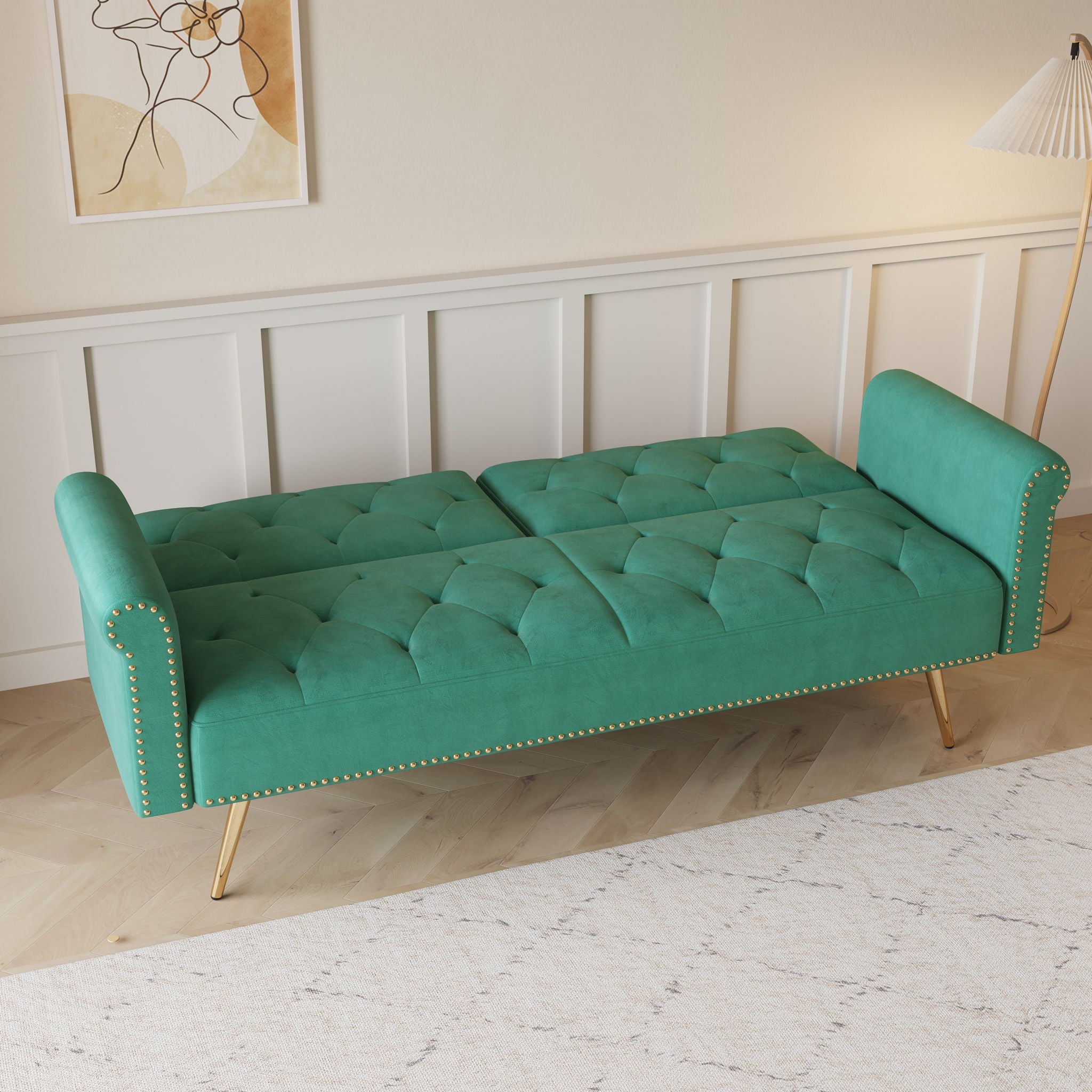 Luxurious Sofa Bed With Nail Head Trim And Matching Pillow