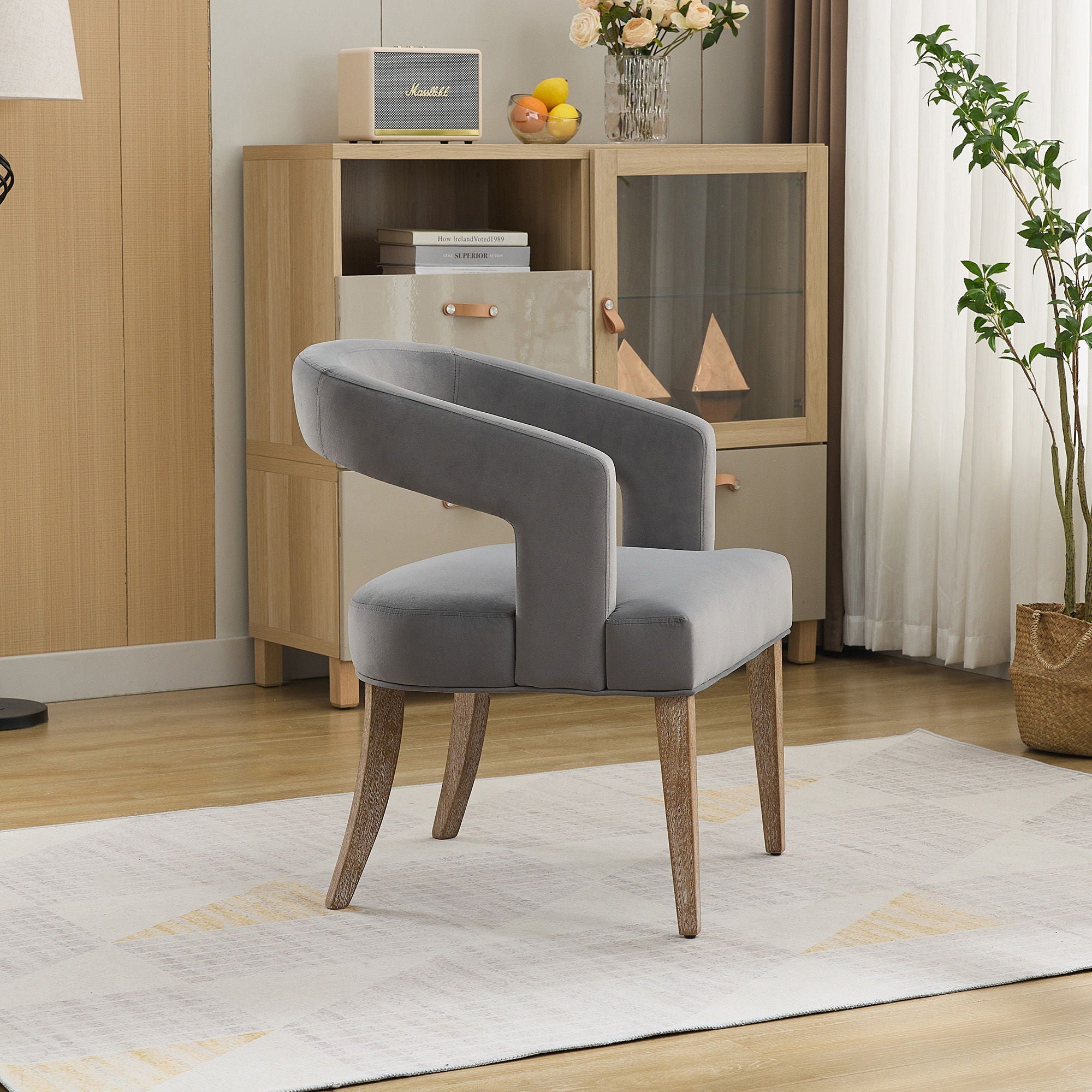 Wide Modern Barrel Open Back Upholstered Accent Chair With Weathered Solid Wood Legs