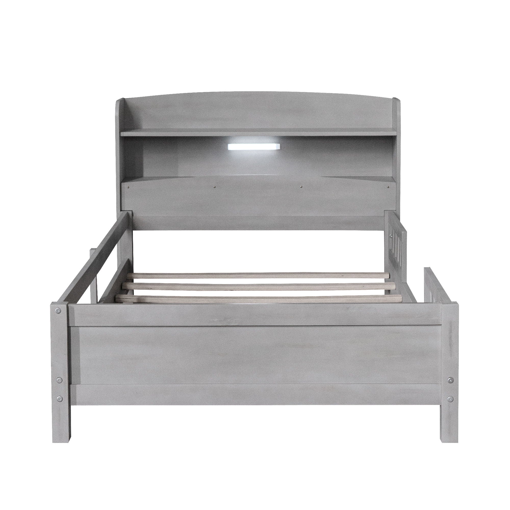 Wood Platform Bed With Built In LED Light, Storage Headboard And Guardrail