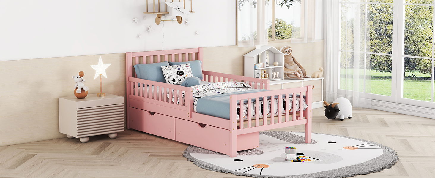 Platform Bed With Guardrails On Both Sides And 2 Storage Drawers