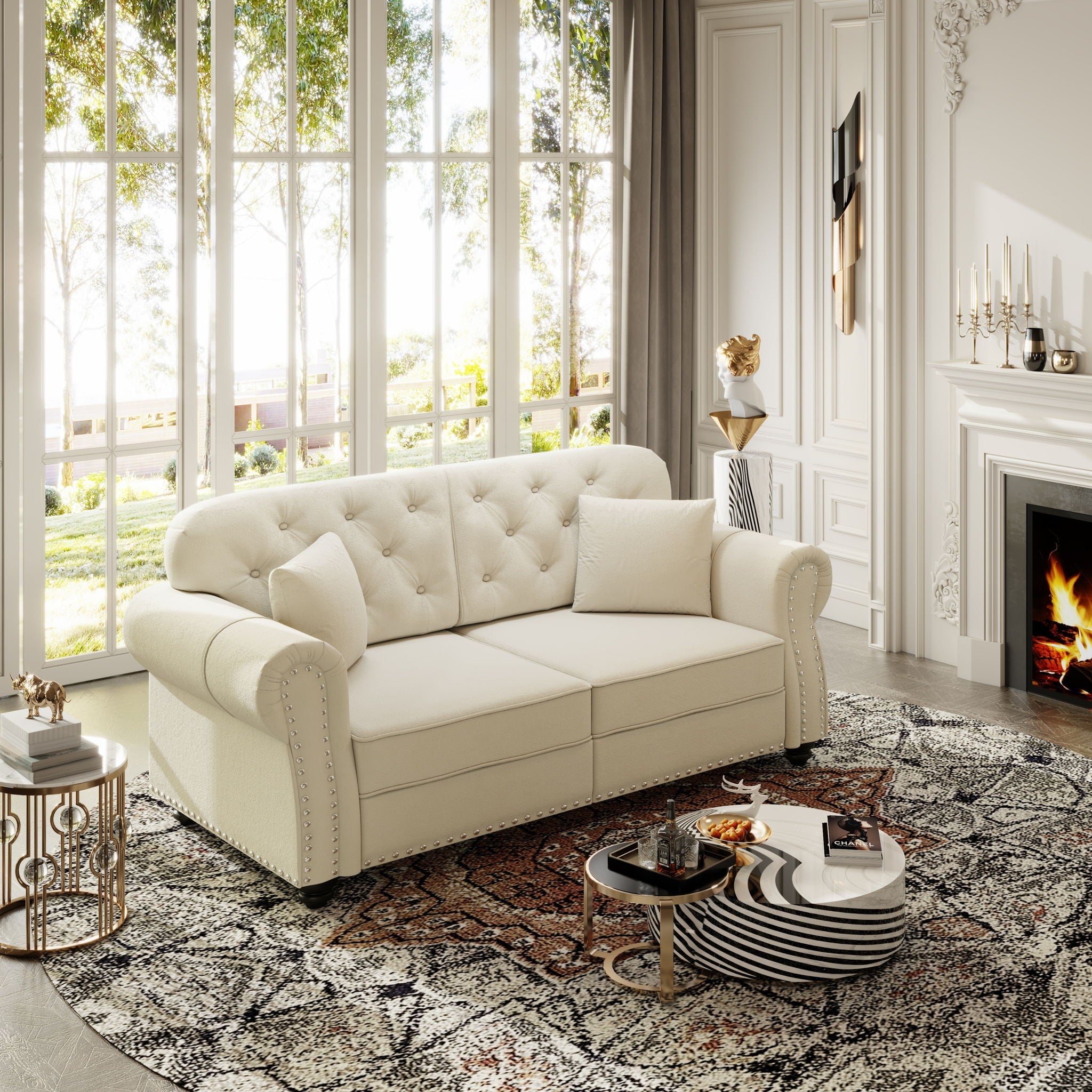 Upholstered Sofa Set With Nailhead Trim And Rolled Armrests, Includes Pillows