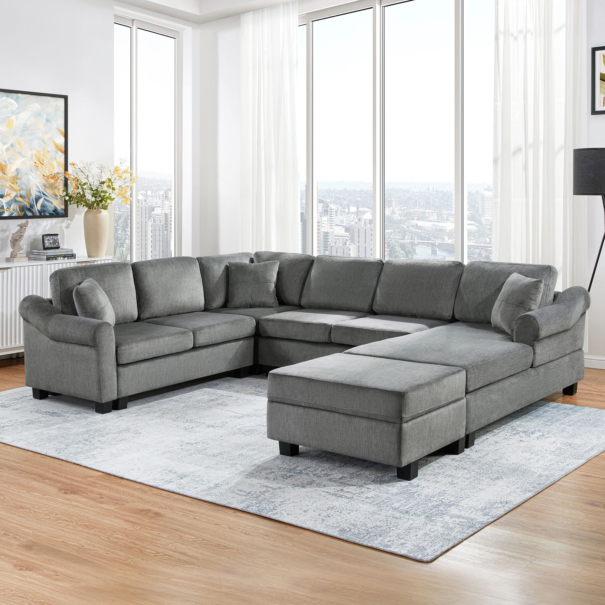 Contemporary U - Shaped Sectional Sofa With Movable Storage Ottoman