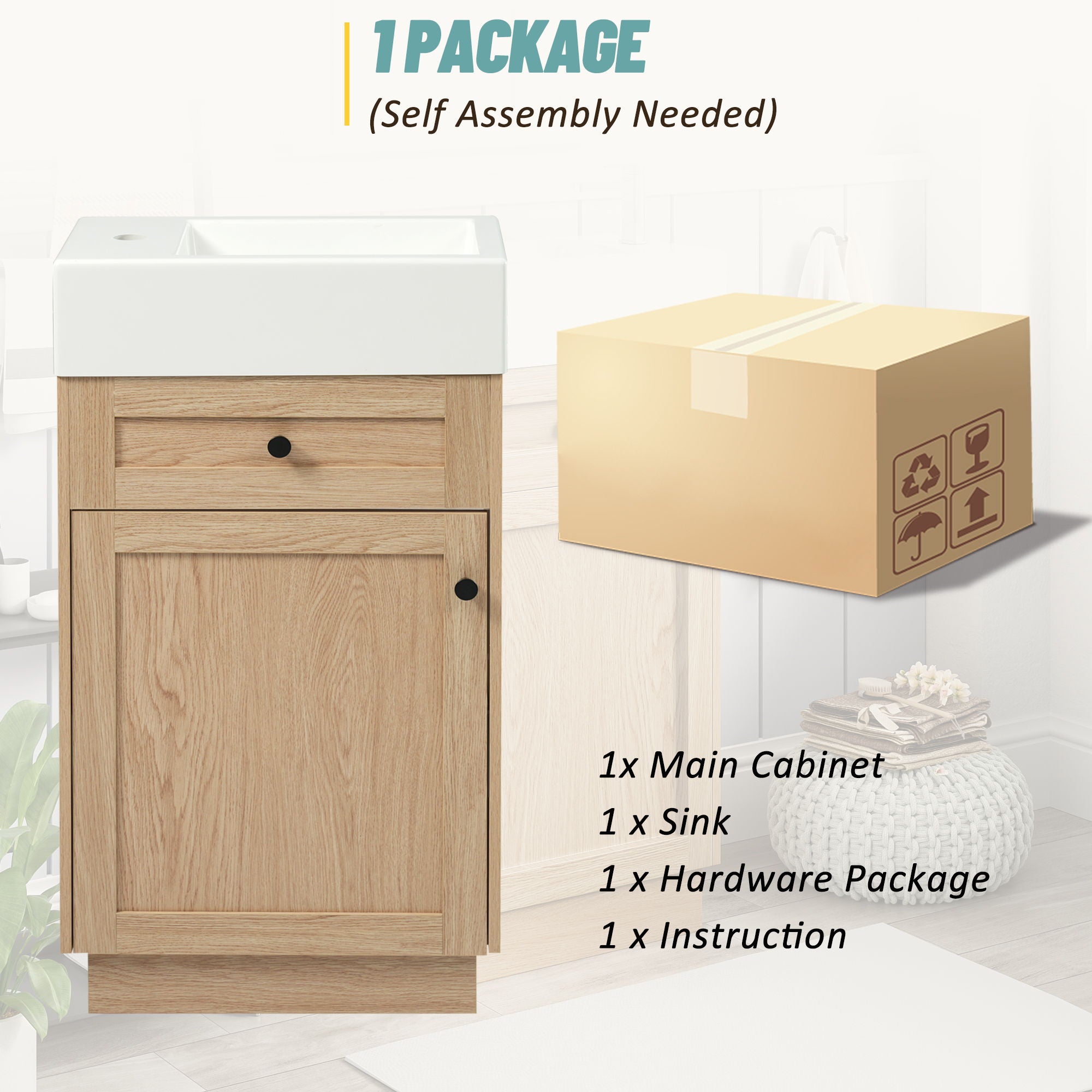 Bathroom Vanity With Reversible Resin Sink, Cabinet & Zinc Alloy Handles - Wood