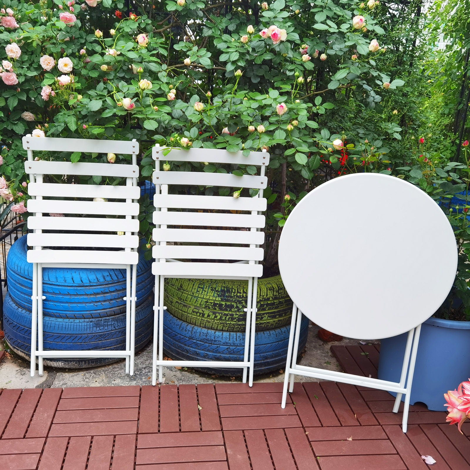3 Piece Patio Bistro Set Of Foldable Round Table And Chairs