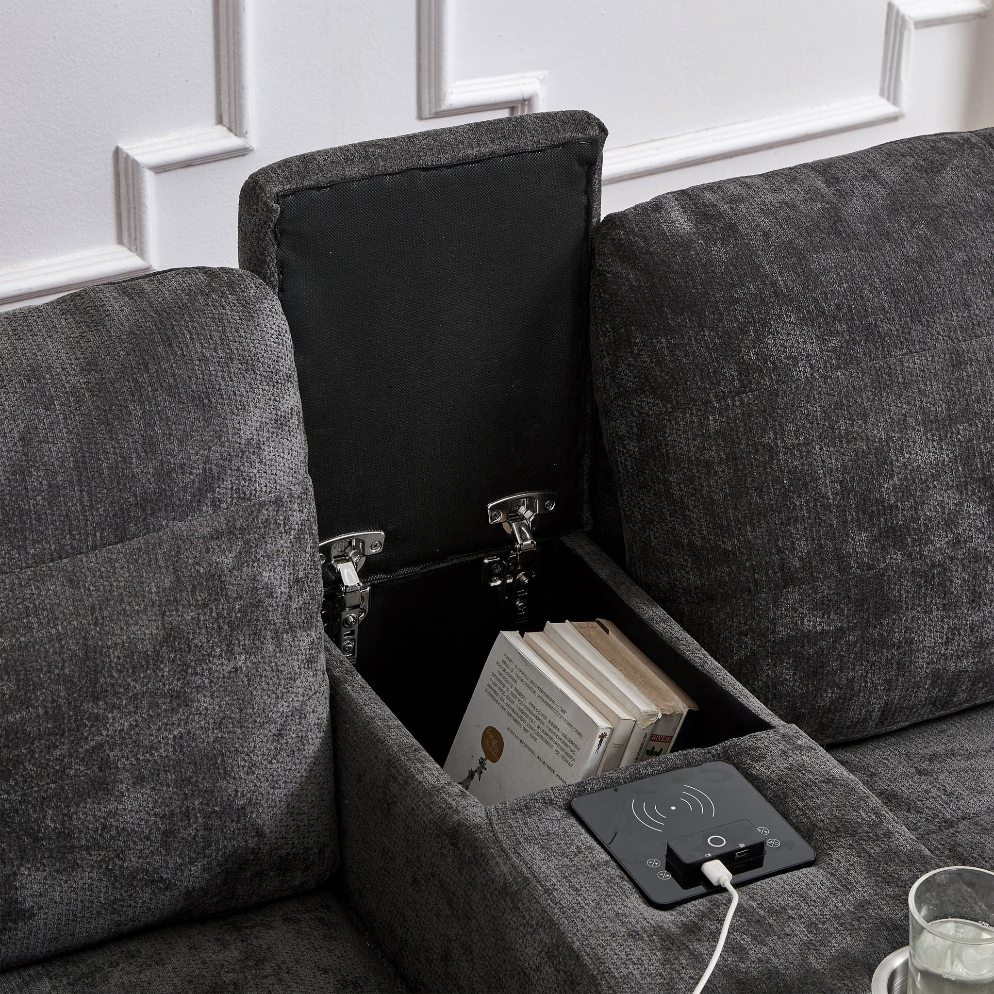 Modern Sectional Sofa U-Shaped With Movable Ottomans, tooth Speakers, LED Lights And Modular Storage