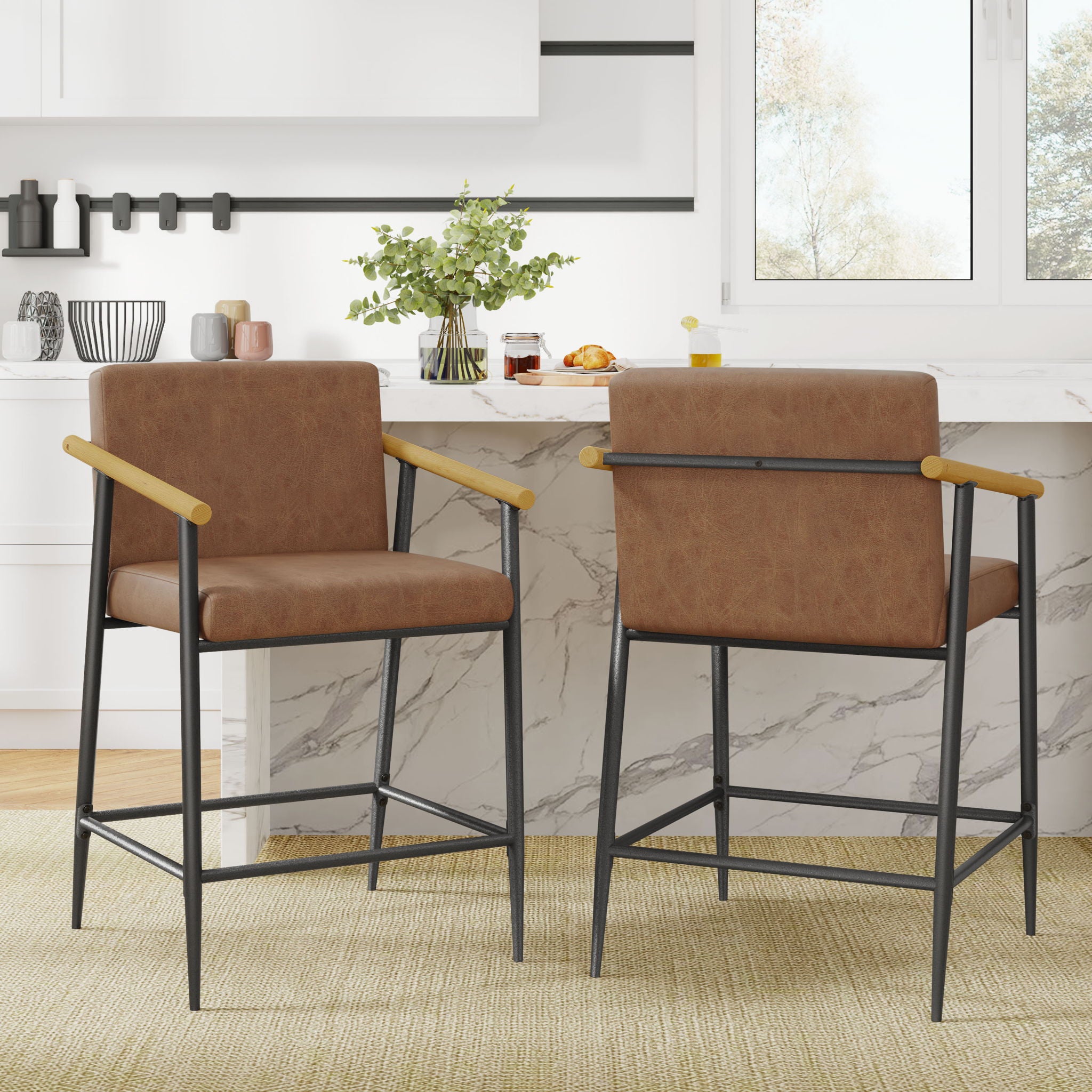 Mid Century Modern Counter Stool Set With Iron Frame