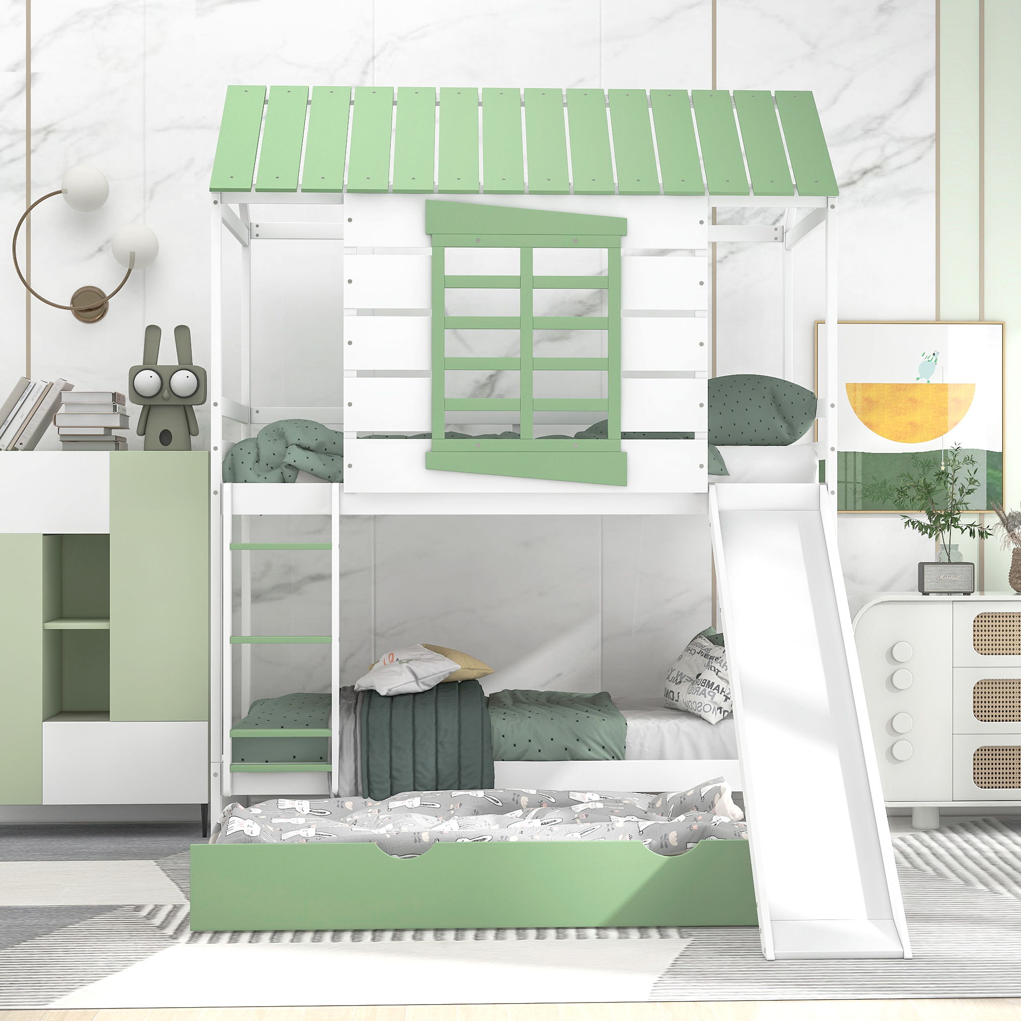 Twin Over Twin House Bunk Bed With Convertible Slide And Trundle - White